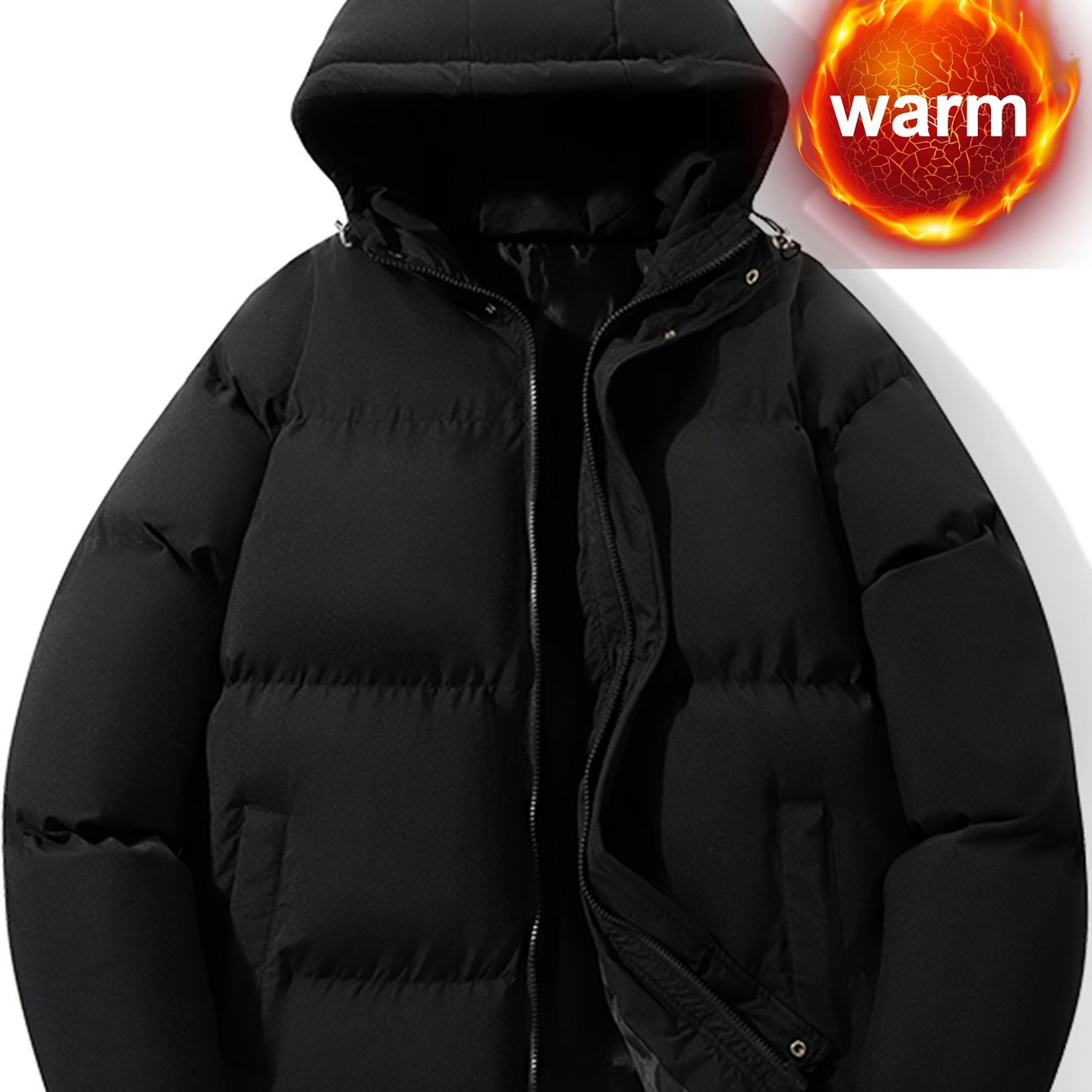 

Men's Fashionable Black Puffer Jacket, Coat With Hood, Casual Long Sleeve Pullover With Pockets, Polyester Outerwear For City And Outdoor Activities