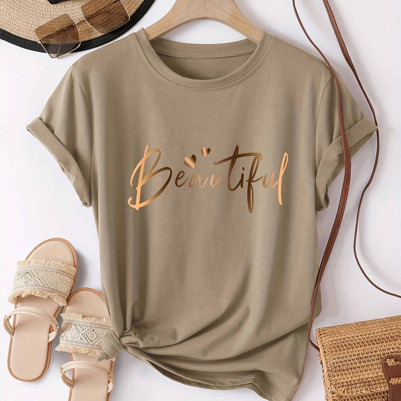 

Women' Loose Fit Casual Short Sleeve T-shirt With Letter Print, Round Neck, Regular Length, Spring/summer/autumn, Polyester Knit Fabric,