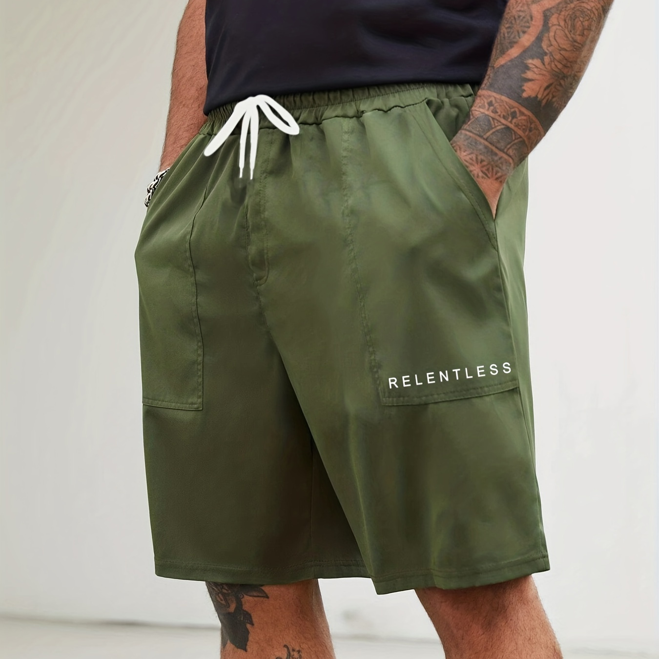 

Men's Plus Size Cargo Shorts, Simple Letters Graphic Print Drawstring Short Pants For Comfort & Casual Chic Style