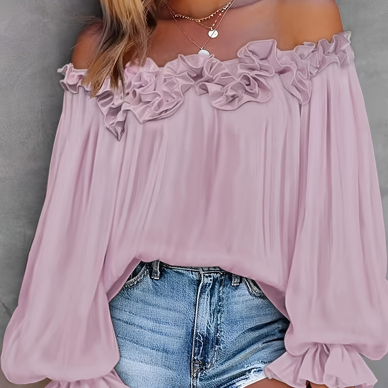 

1pc Elegant Off-shoulder Ruffle Sleeve Blouse, Women's Casual Solid Color Polyester Top, Long Sleeve Pullover With Regular Fit For Spring/fall