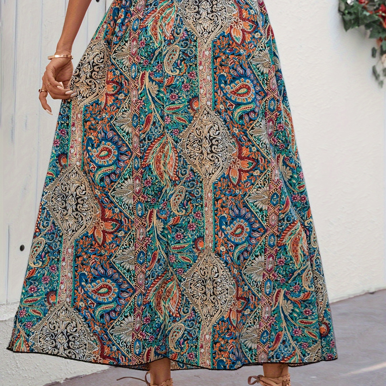 

Paisley Print High Waist Skirt, Elegant Midi A-line Split Hem Dress For Vacation, Women's Clothing