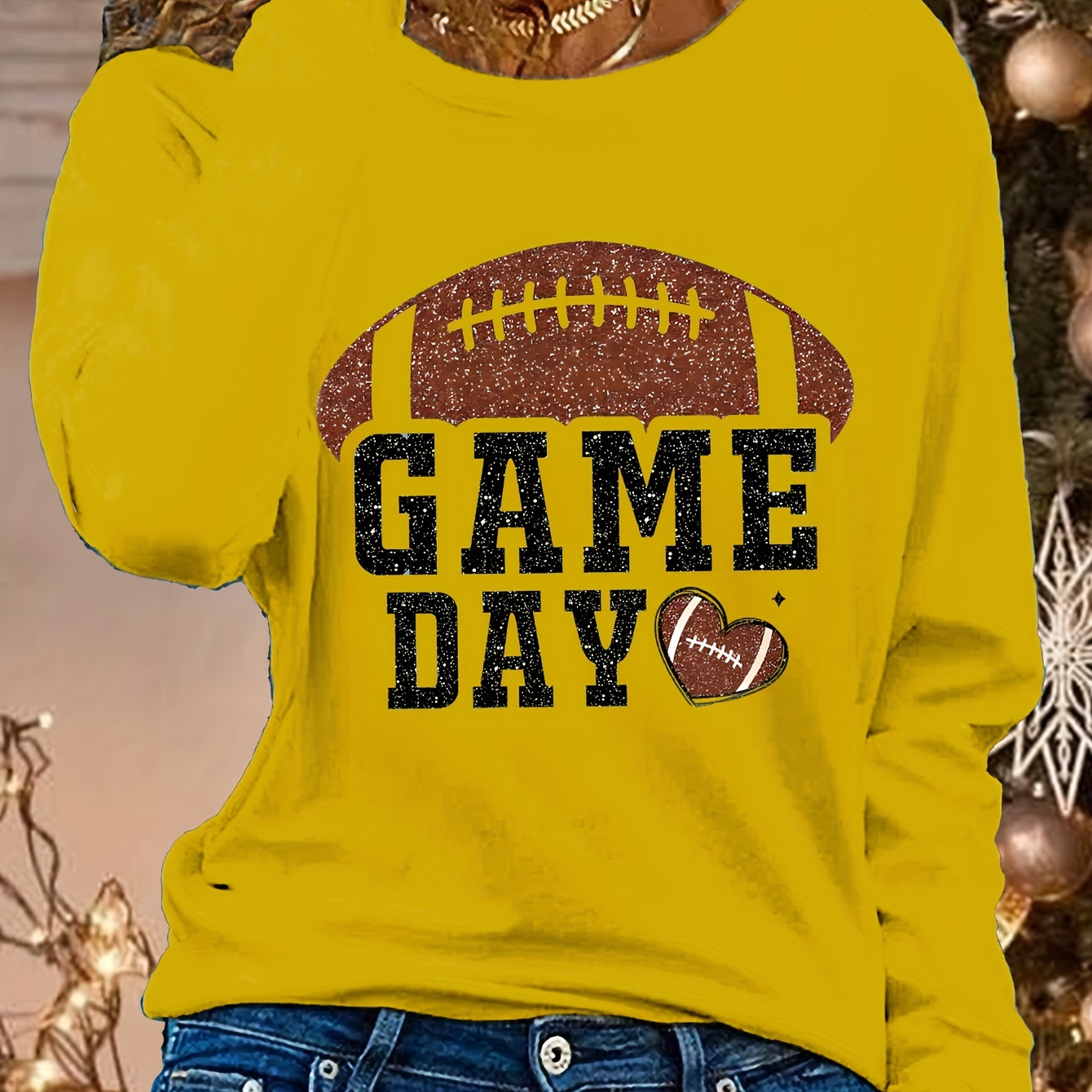 

Women's Long Sleeve Game Day Appliques T-shirt - Casual Crew Neck Polyester Knit Top With Print For Fall/winter