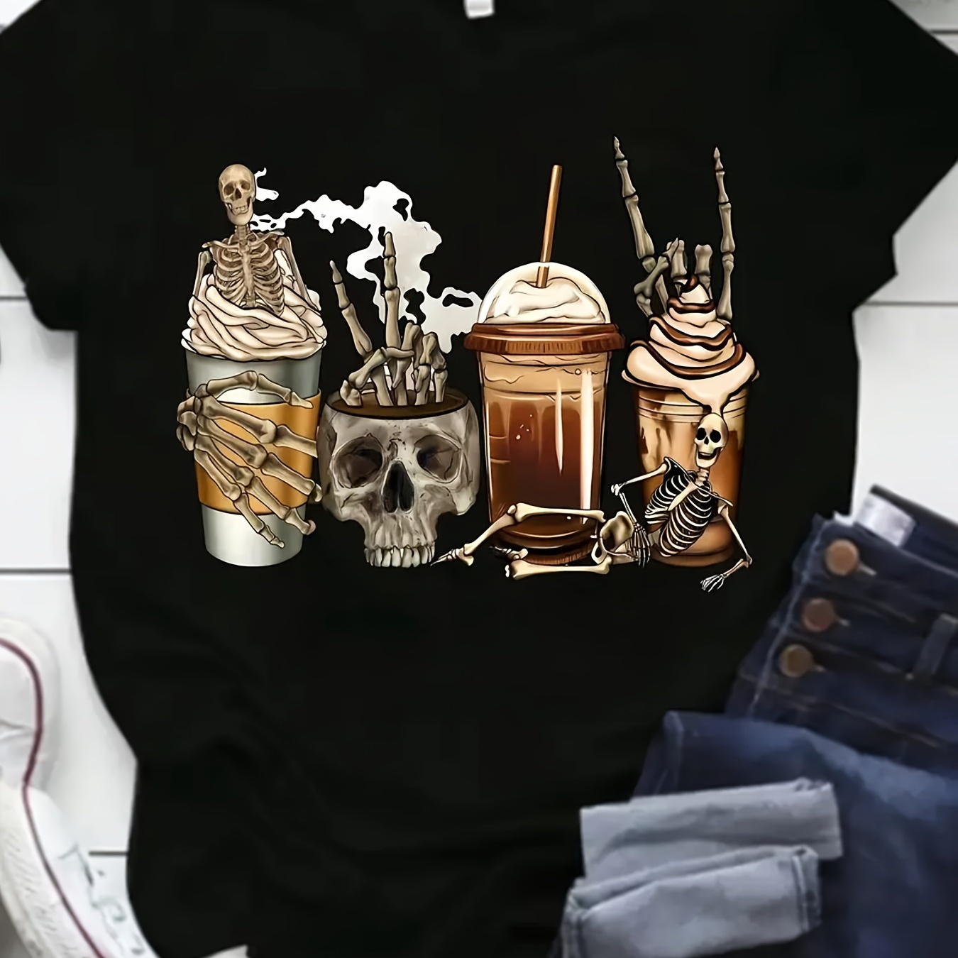 

Plus Size Skull & Drink Print T-shirt, Casual Short Sleeve Top For Spring & Summer, Women's Plus Size Clothing