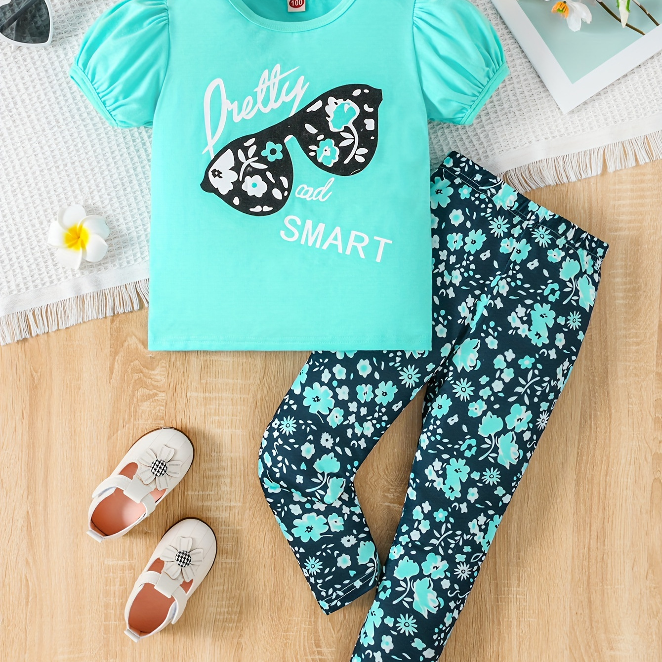 

Girls 2pcs, Pretty Smart & Sunglasses Print Puff Short Sleeve T-shirt + Flora Pants Set For Summer