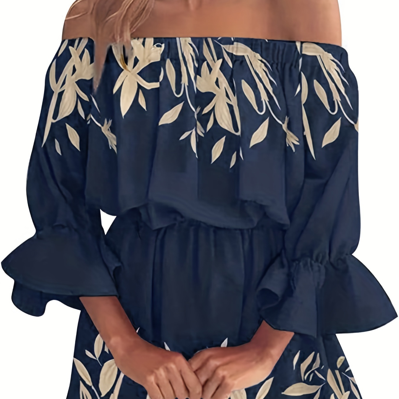 

Boho Leaf Graphic Print Off Shoulder Dress, Sexy Backless Ruffle Sleeve Dress For Spring & Summer, Women's Clothing