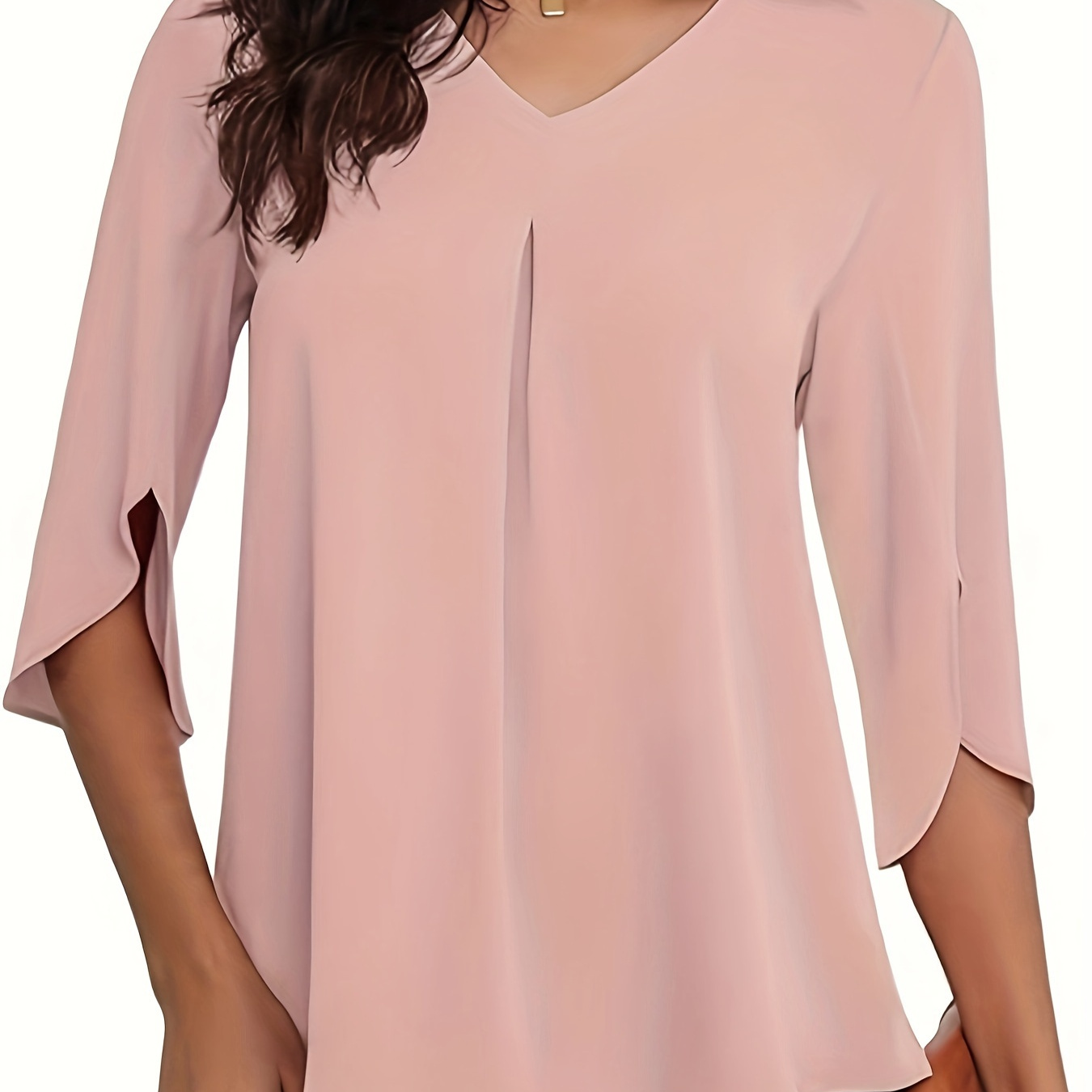 

Women's Plus Size Pink V-neck Long Sleeve Shirt D013, Summer Solid Color Polyester Top, Casual Loose Fit Blouse For Ladies