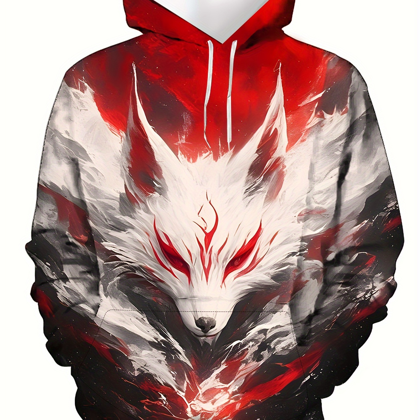 

Men's Novelty Fox Print Hoodie, Geometric Ink Style, Casual Polyester Pullover With Long Sleeves, Regular Fit, , Streetwear Outerwear For Fall/winter