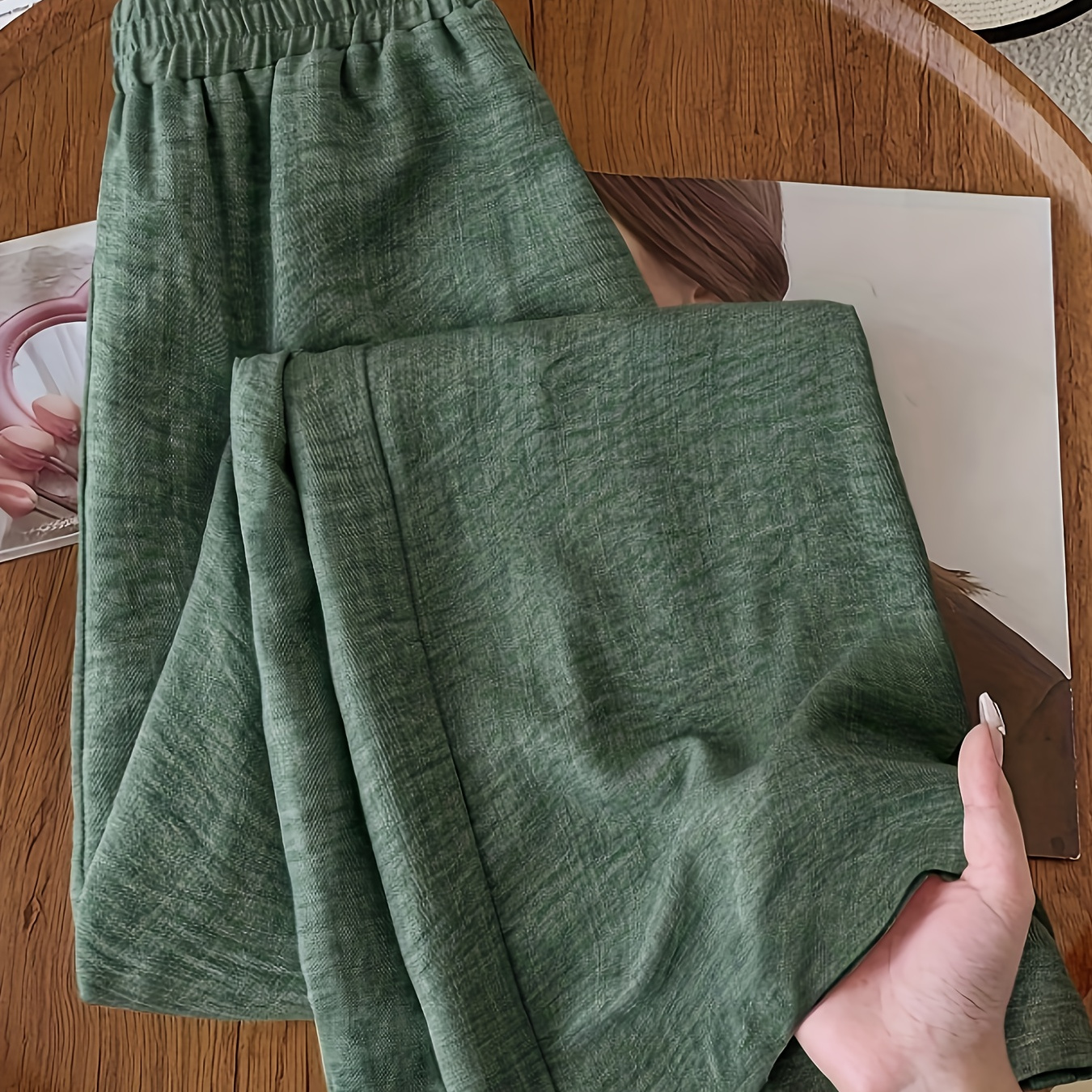 Women'S Elegant High-Waist Wide-Leg Pants - Solid Olive Green, All-Season Comfort, Durable And Easy-Care Material, Versatile Casual to Formal Wear, High-Waist Leggings, Casual Attire, Easy Style, Comfortable Fit, Fashionable Bottoms, Everyday Style
