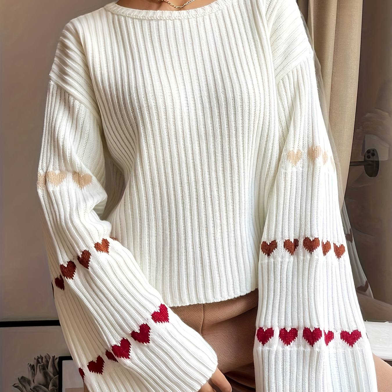 

Elegant Heart Pattern Knit Sweater For Women - Soft Polyester , Crew Neck, Long Sleeve Pullover - All