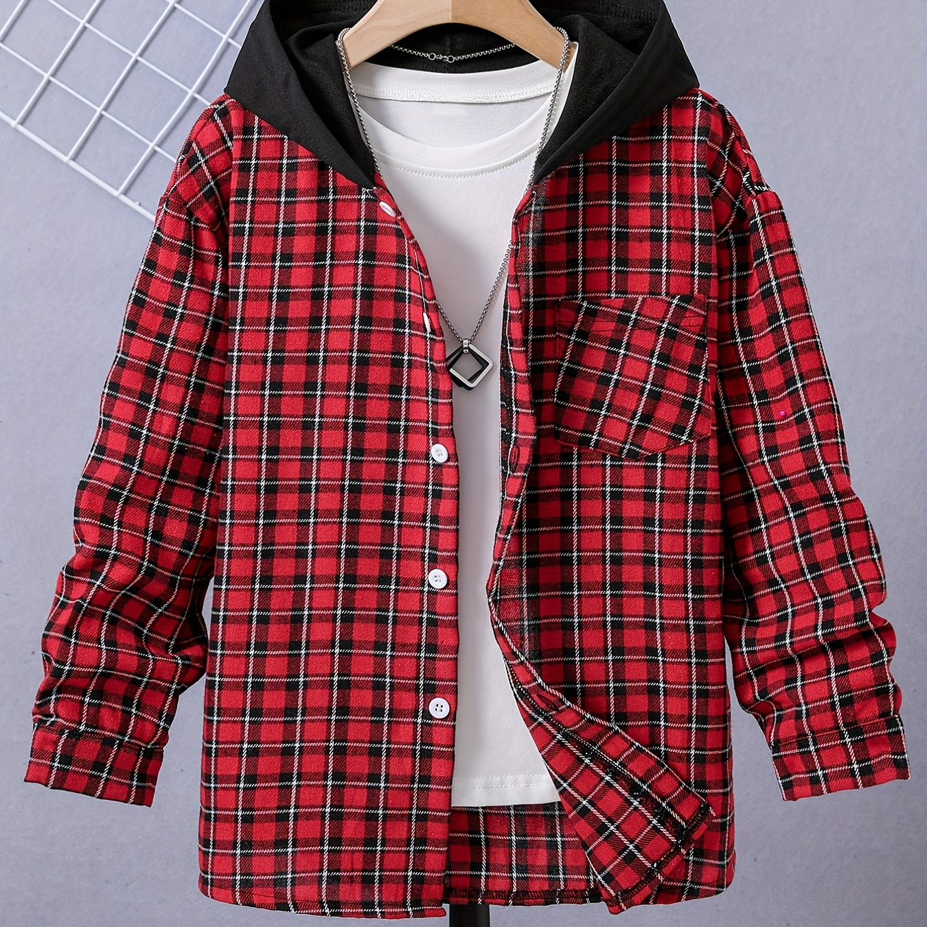 Trendy Plaid Hooded Shirts For Boys Long Sleeve Button Down Tops Spring  Fall Outwear Shirts Jacket Clothes