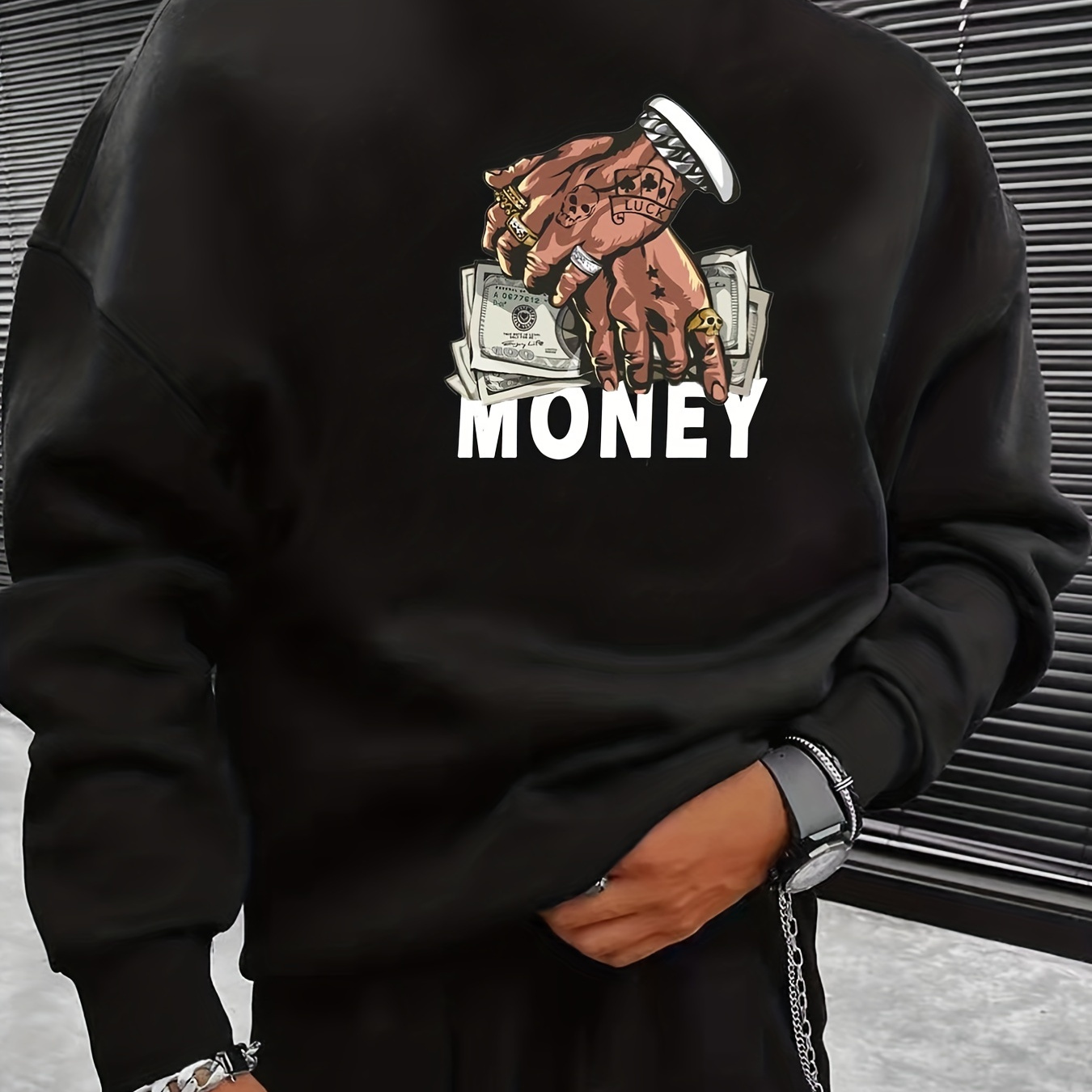 

Money Print Men's Graphic Round Neck Sweatshirt, Loose Trendy Pullover, Men's Clothing For Autumn Winter