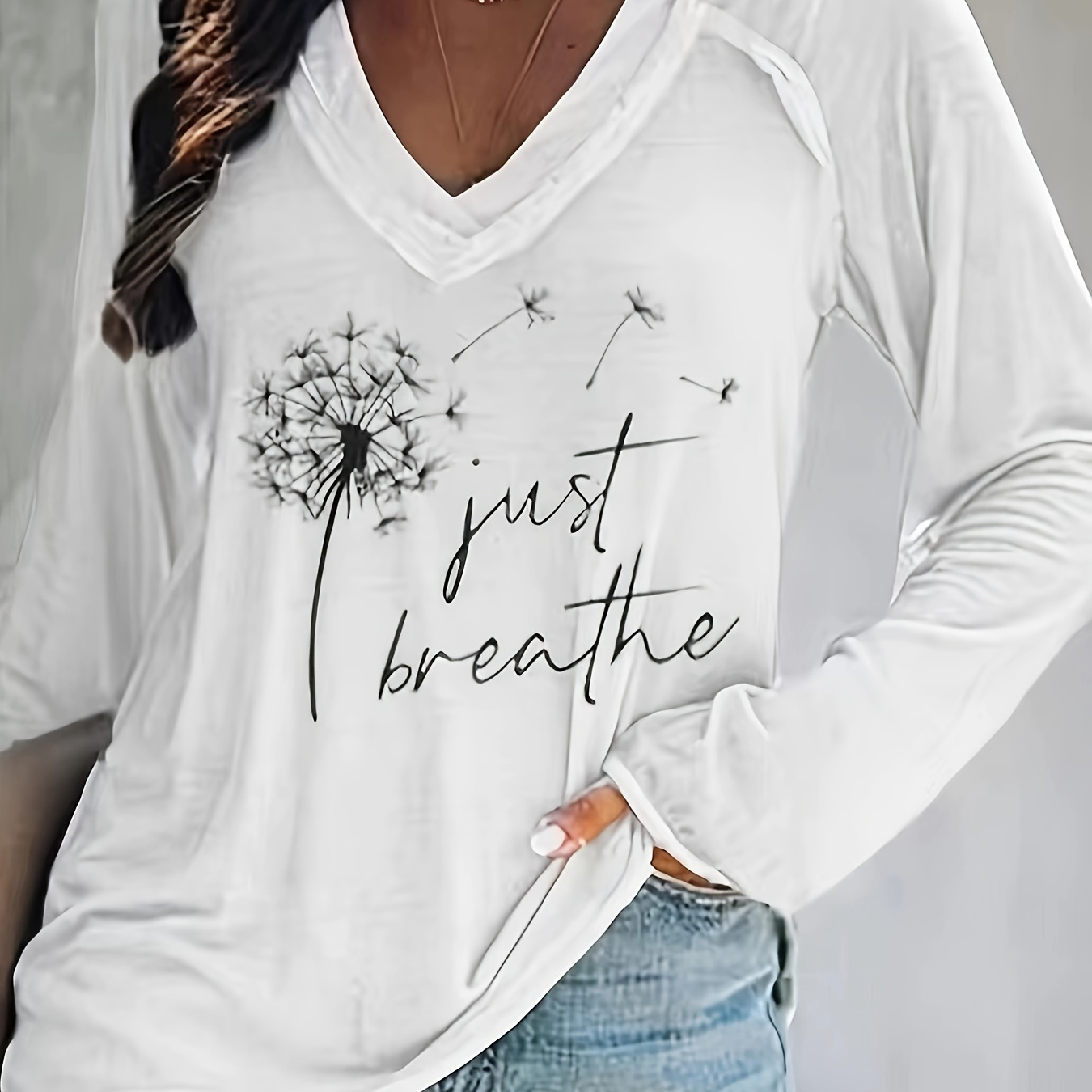 

Dandelion & Letter Print V Neck T-shirt, Casual Long Sleeve Top For Spring & Fall, Women's Clothing