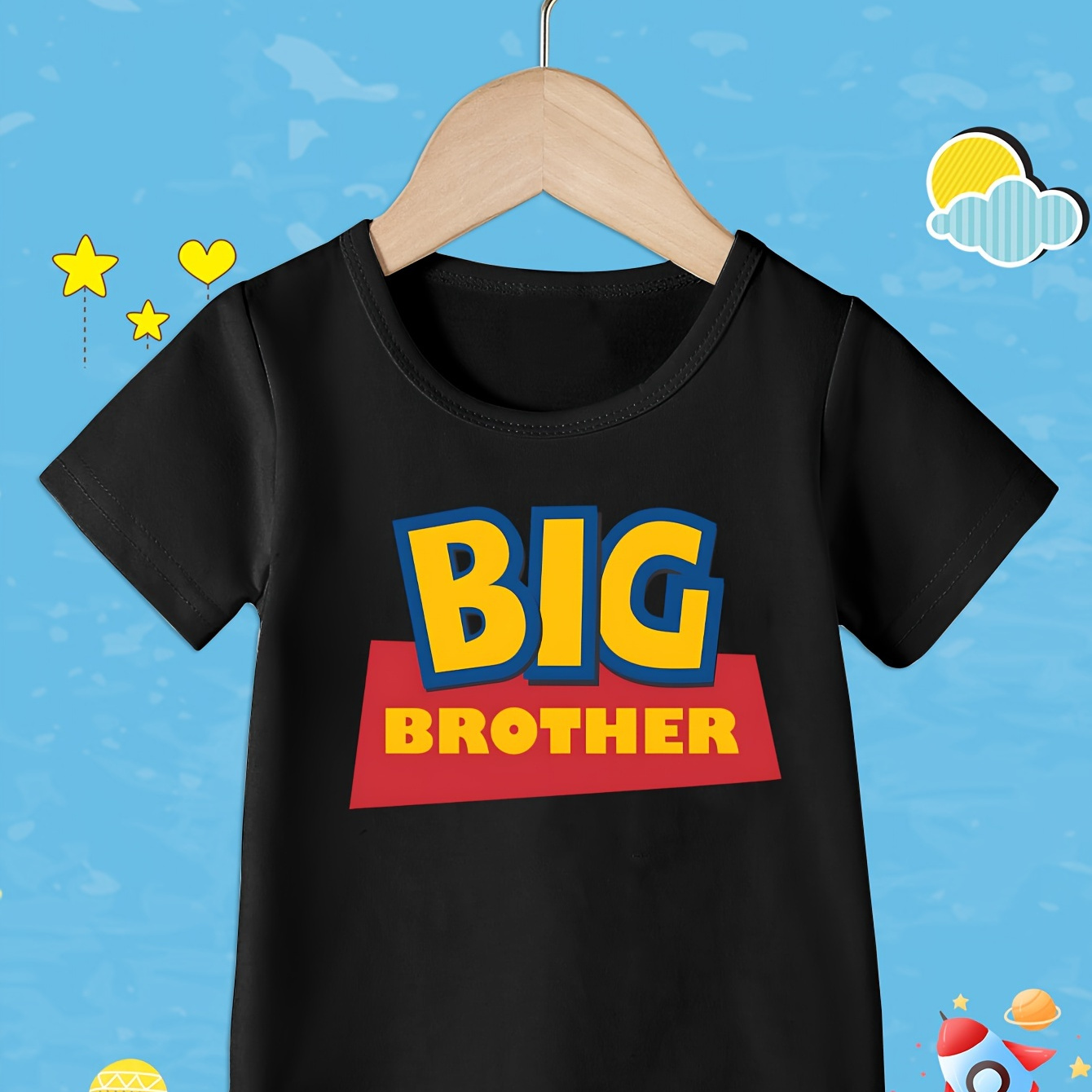 

Big Brother Print Crew Neck T-shirt, Short Sleeve Casual Comfortable Summer Tee Tops For Boys