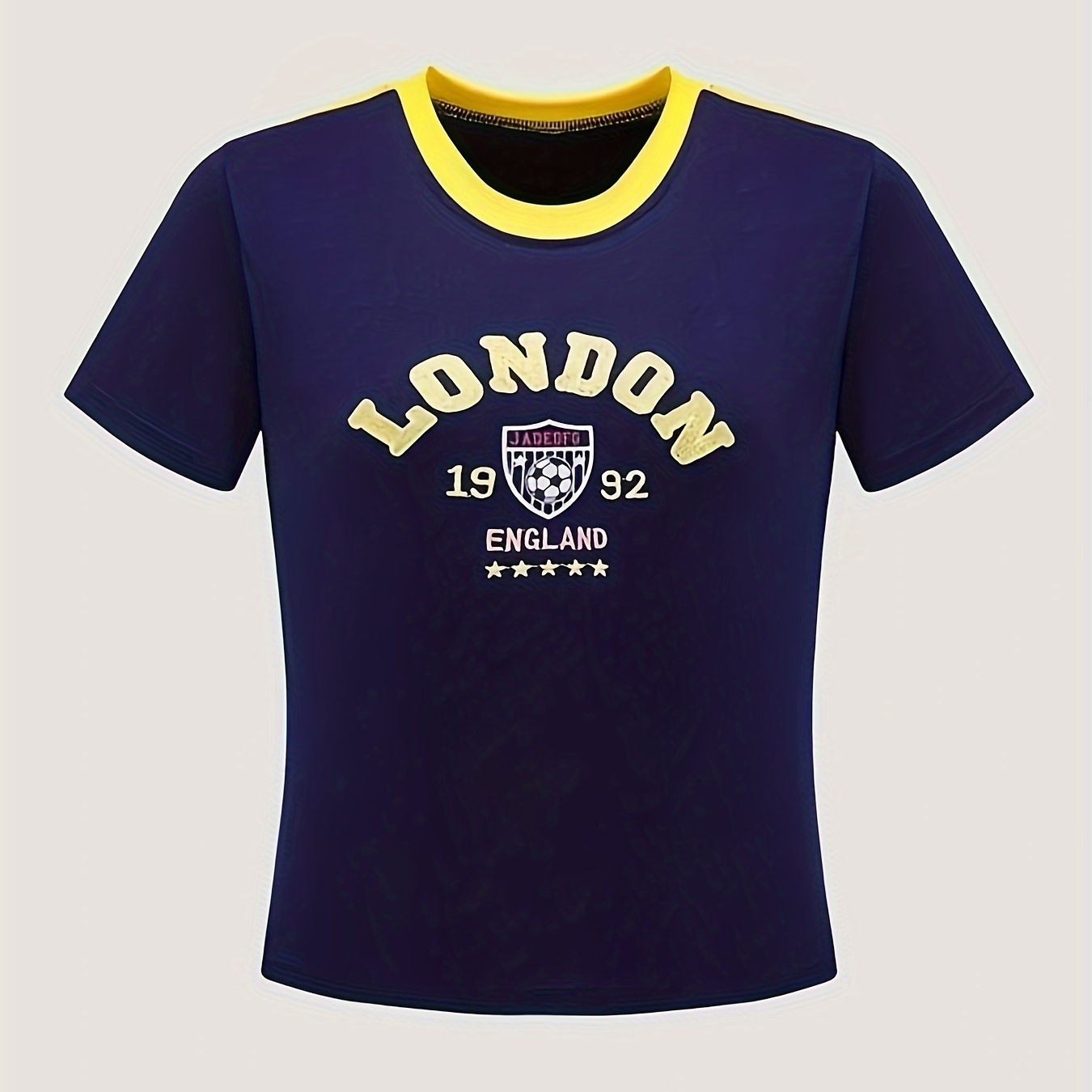 

London Print Contrast Trim Crop T-shirt, Y2k Short Sleeve Crew Neck Slim Top, Women's Clothing