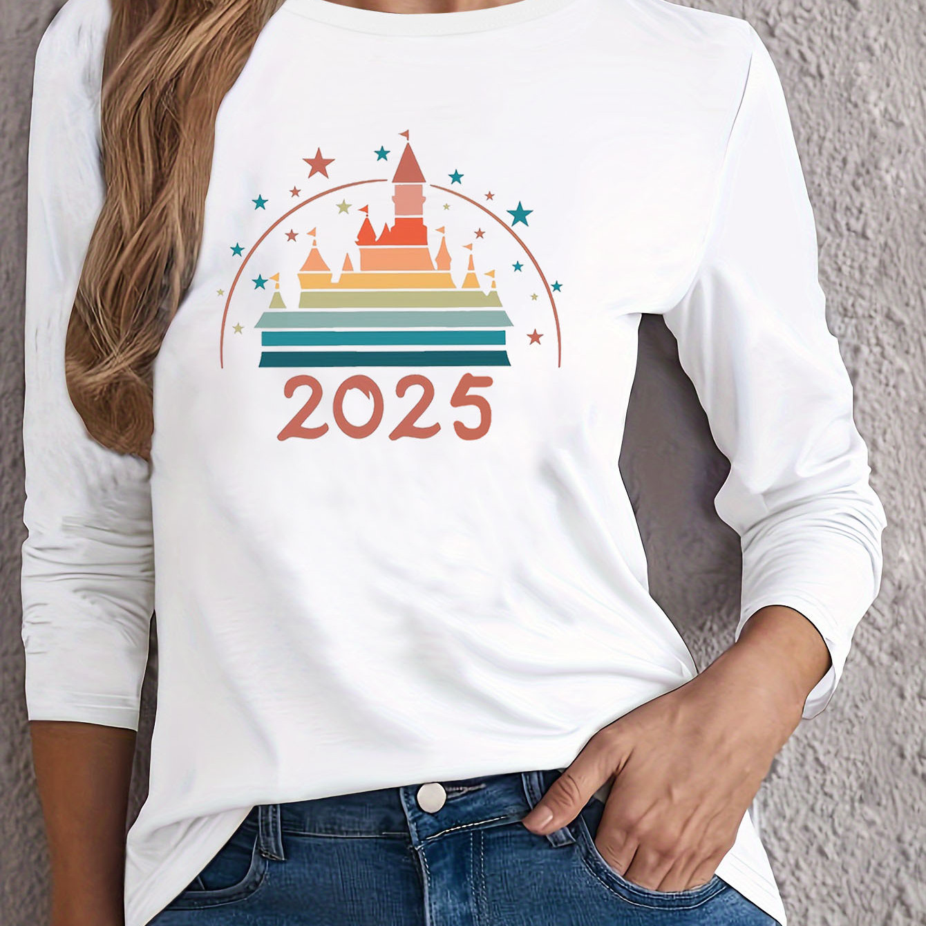 

Women's 2025 Castle & Long Sleeve T-shirt, Polyester 95% Spandex 5% Knit Crew Neck Top, Casual Fashion, Regular Length -