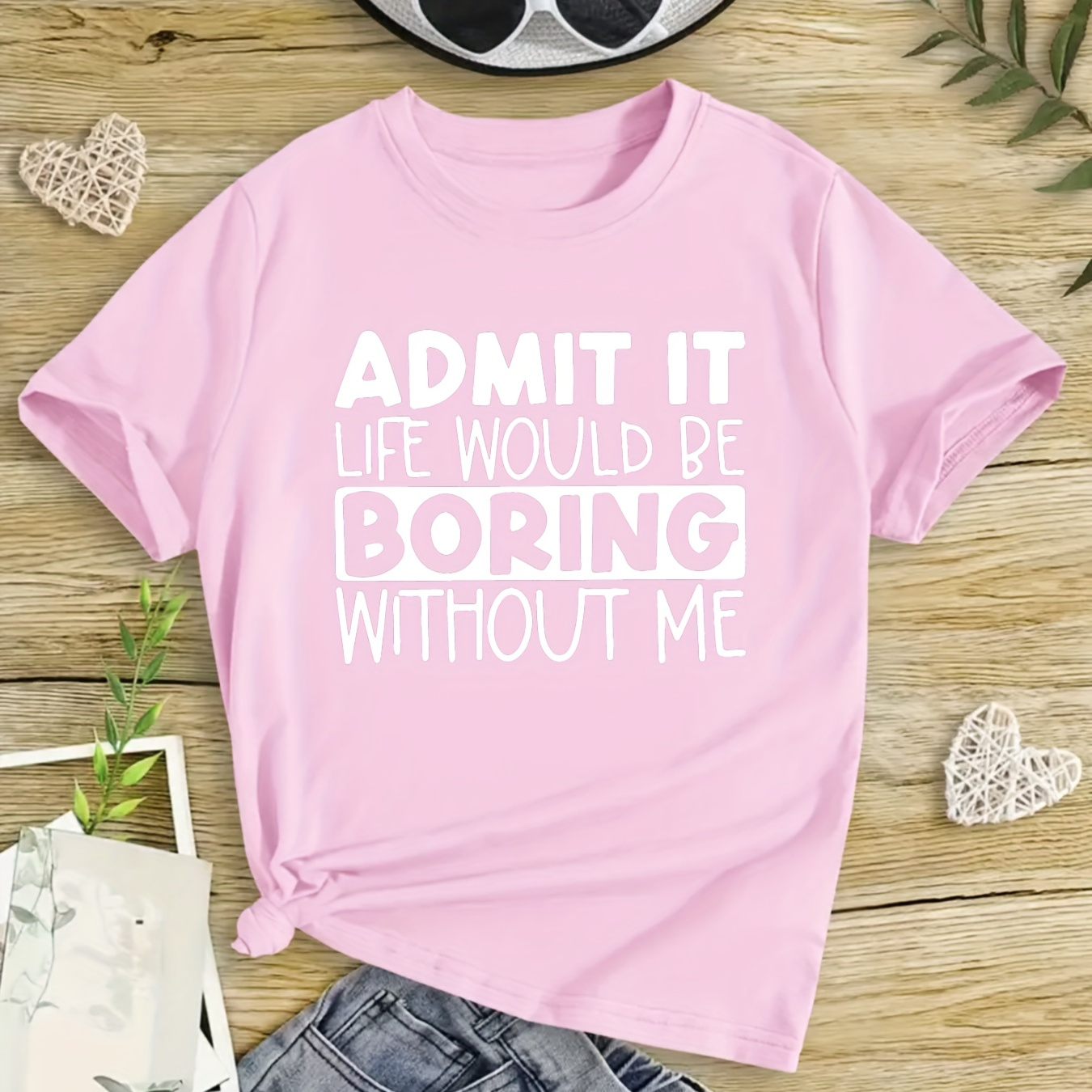 "Boring Without Me" Girls' Positioning Printed T-shirts, Classic Crew Neck Short Sleeve T-Shirts, Comfortable & Stylish Tops For Summer, Spring & Fall, Kid T-shirt For Casual Everyday Wear, Ideal Gift For Girls