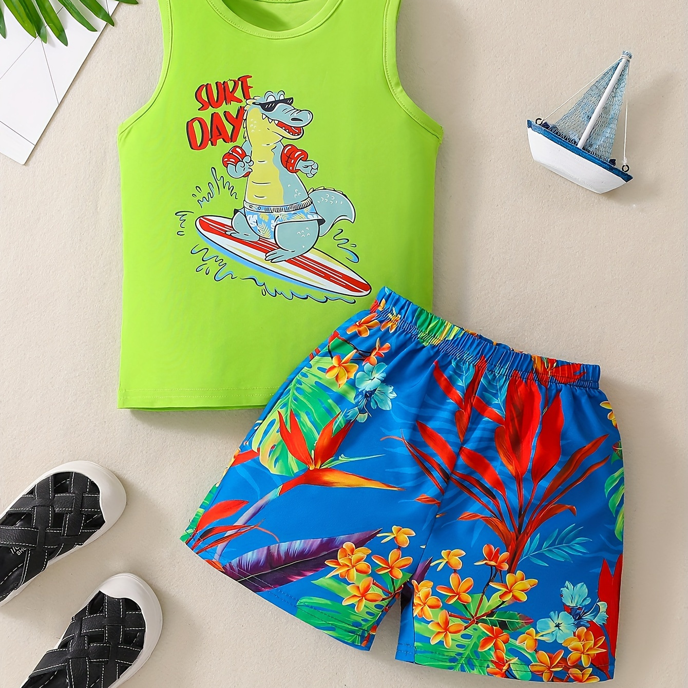 

2pcs Boys Creative Surfing Crocodile Print Sleeveless Tank Tops & Tropical Leaves Print Shorts Set, Casual Crew Neck Fitness Vest&shorts, Kids Clothing