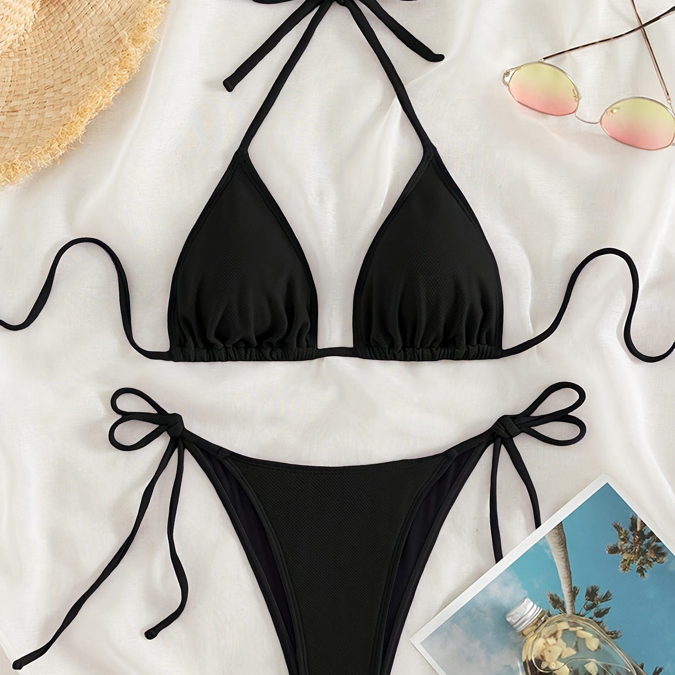

Women's Halter Neck Bikini Set, Classic Solid Color, Adjustable Tie Swimwear, Beachwear, Poolside Fashion, Summer Essentials
