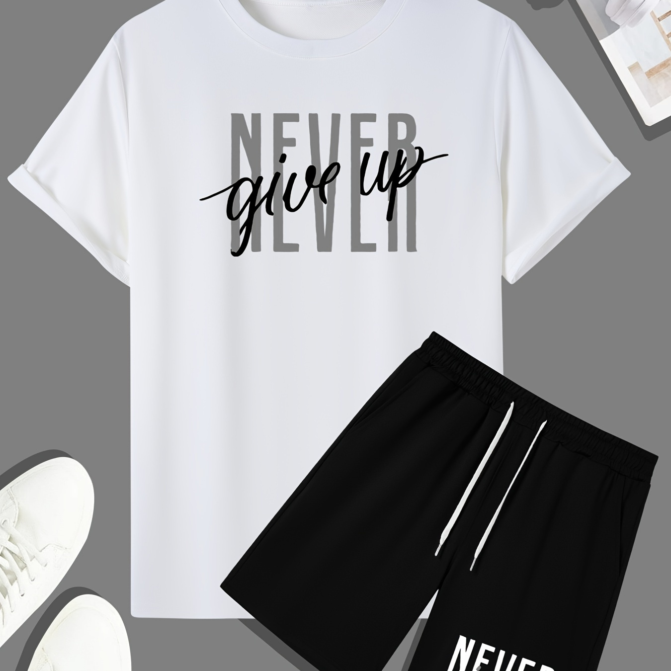 

Men's Outfit Set, "never Give Up" Graphic Tee & Drawstring Shorts, Teenager 2 In 1 Sports Wear For Gym Workout Jogging