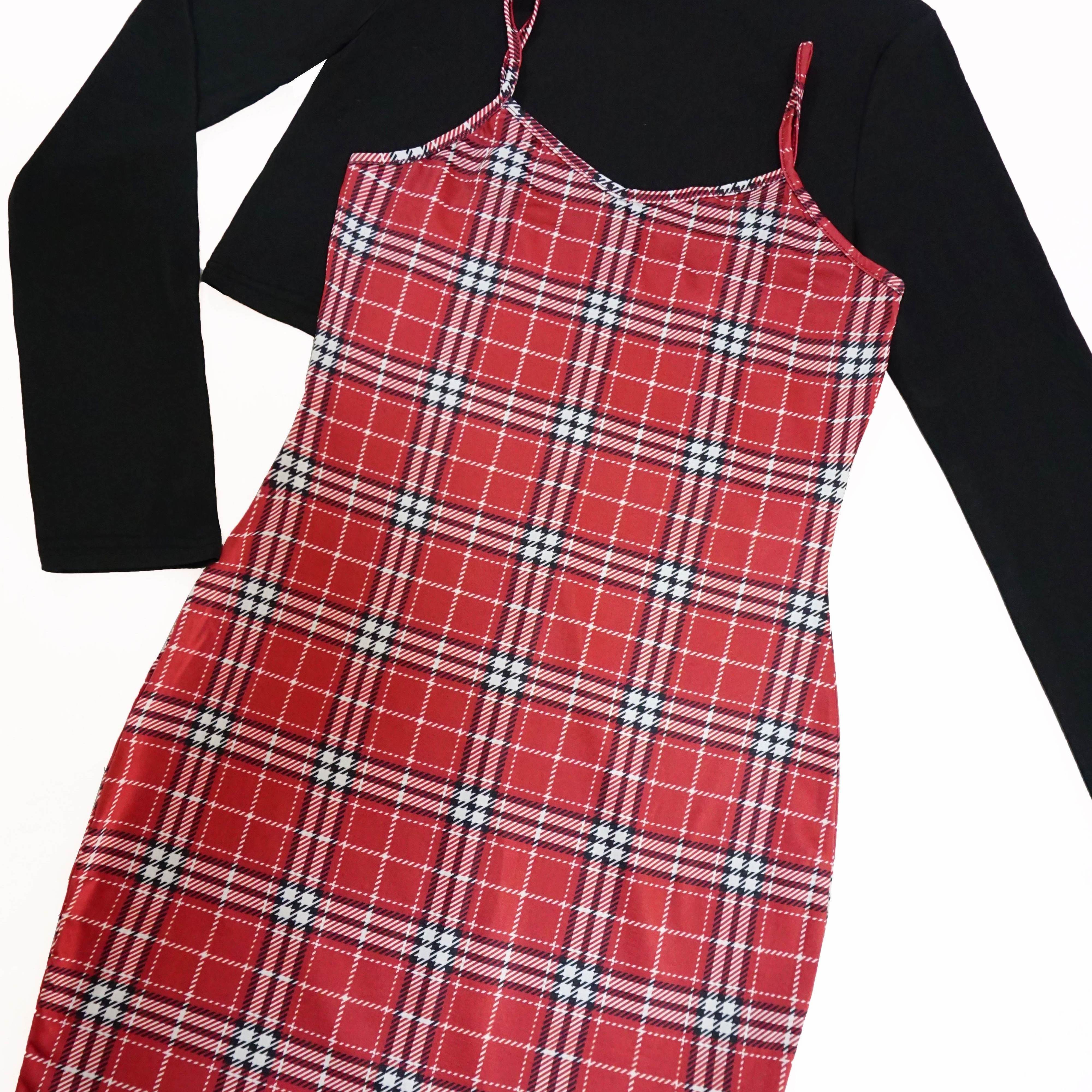 

Elegant Slim Two-piece Dress Set, Long Sleeve Crop Crew Top & Plaid Print Cami Dress Outfits, Women's Clothing