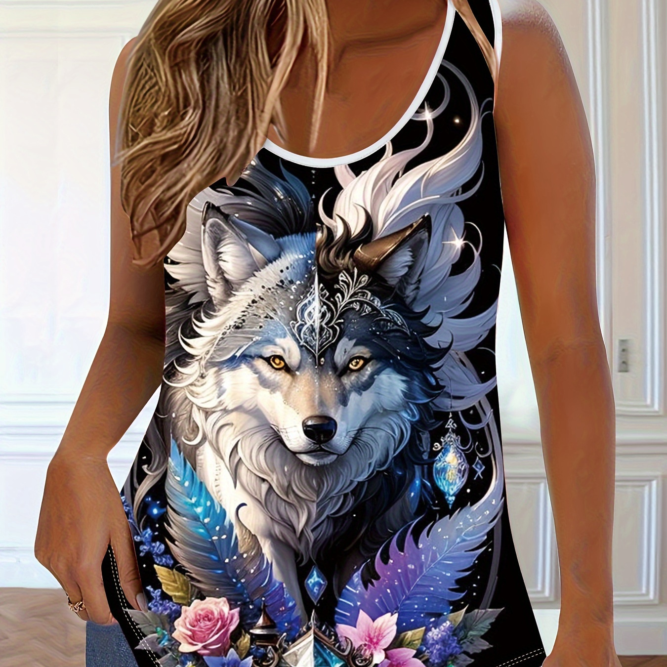 

Plus Size Cartoon Wolf Print Tank Top, Casual Crew Neck Sleeveless Tank Top For Summer, Women's Plus Size Clothing