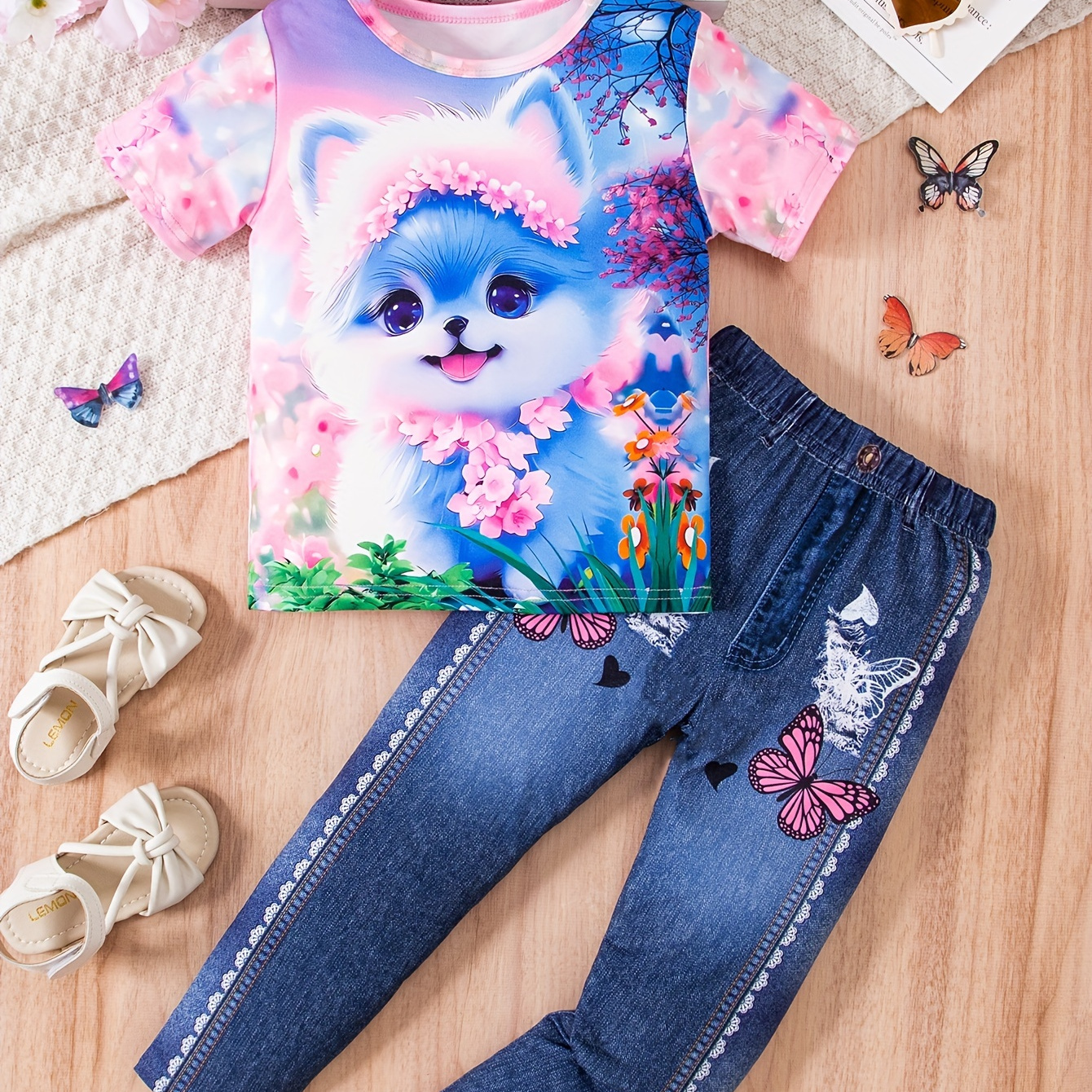 

2pcs Flower Kitten Pattern Outfits Girls Comfy T-shirt + Imitation Denim Print Pants Set For Spring Fall Gift Outdoor