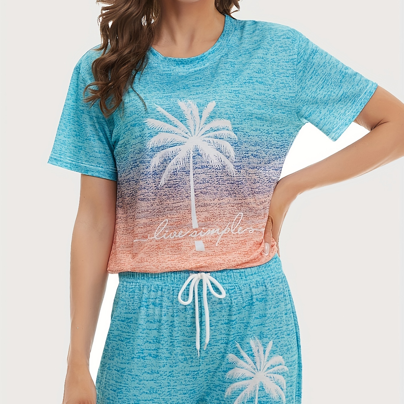 

Coconut Tree Print Gradient T-shirt, Casual Short Sleeve Top For Spring & Summer, Women's Clothing