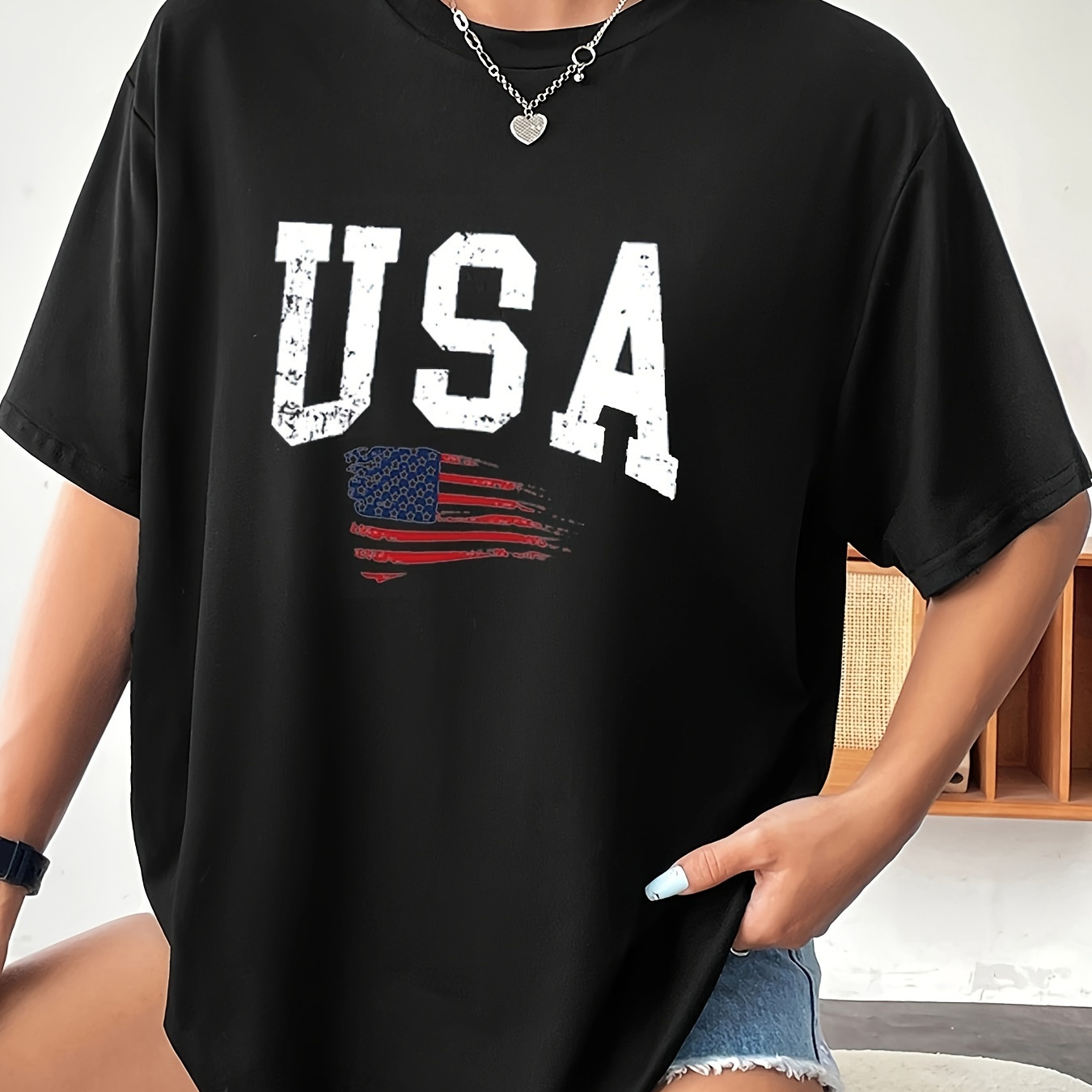 

Letter & Flag Print Drop Shoulder T-shirt, Short Sleeve Crew Neck Casual Top For Spring & Summer, Women's Clothing