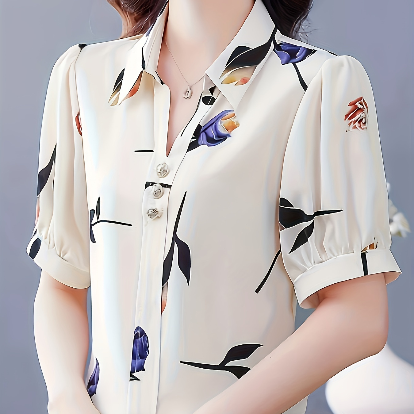 

Spring/summer Floral Print V-neck Short-sleeved Women's Blouse - Polyester, Button Detail, Suitable For Adult, Perfect For Vacation