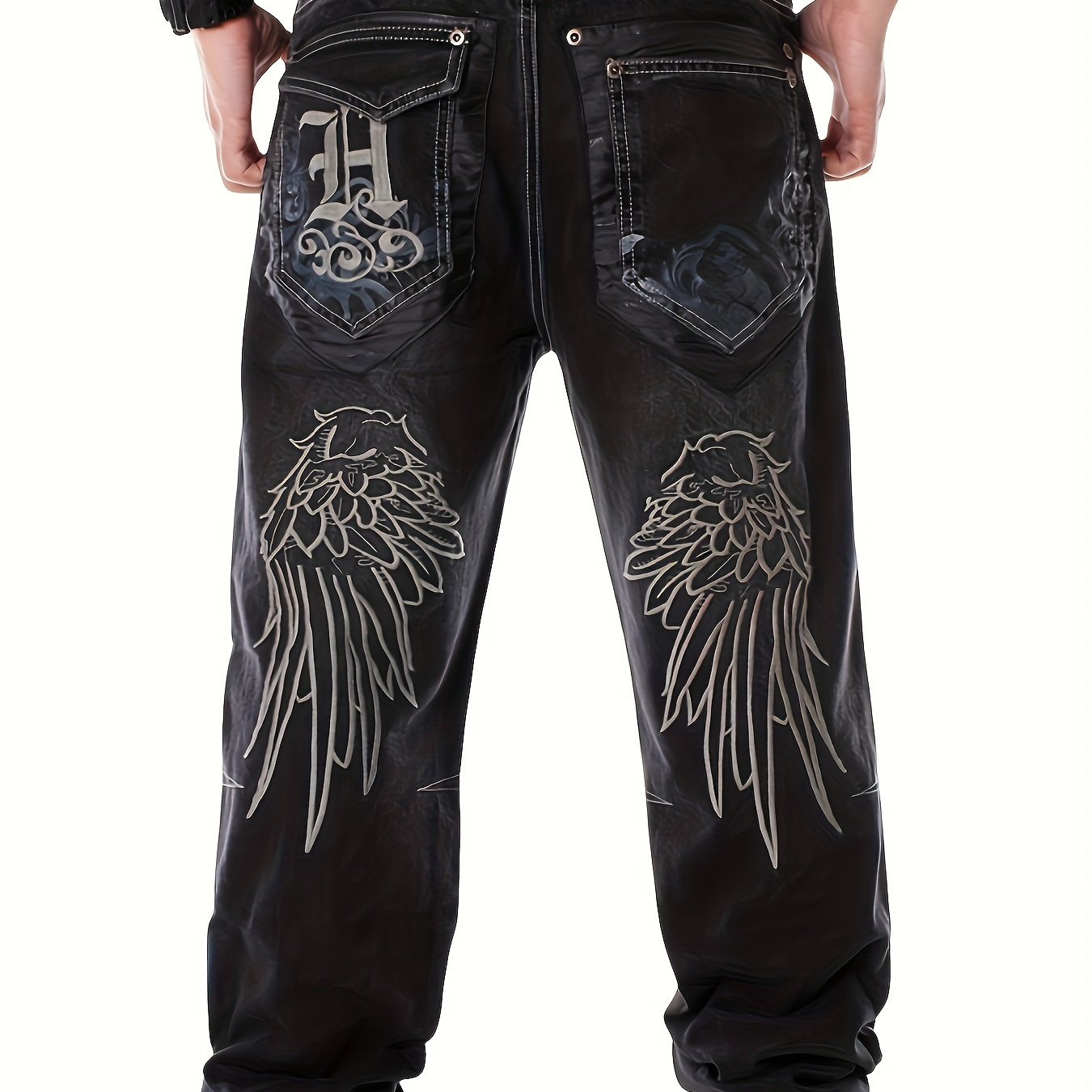 

Men's Embroidered Skeleton Wings Jeans - Hip Hop Street , Loose Fit With White Winged Design, Casual Skateboarding Pants