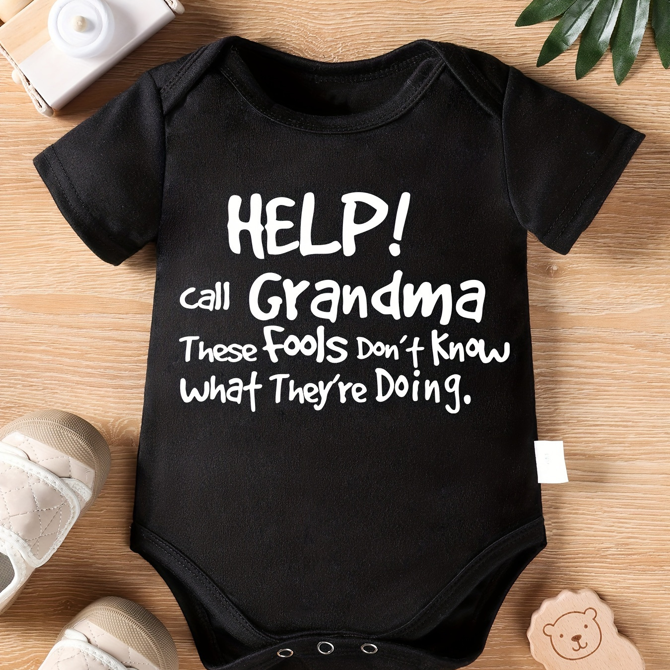 

Infant's Creative Letter "help! Call Grandma..." Print Bodysuit, Comfy Short Sleeve Onesie, Baby Boy's Clothing