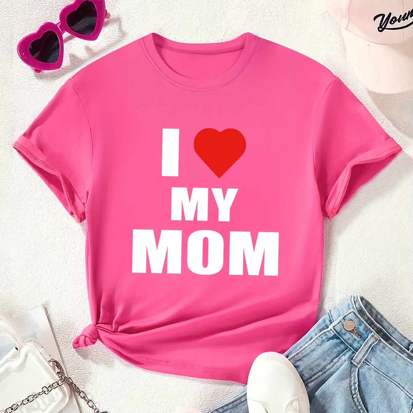 

I Love My Mom Print, Girls' Casual Crew Neck Short Sleeve T-shirt, Comfy Top Clothes For Spring And Summer For Outdoor Activities