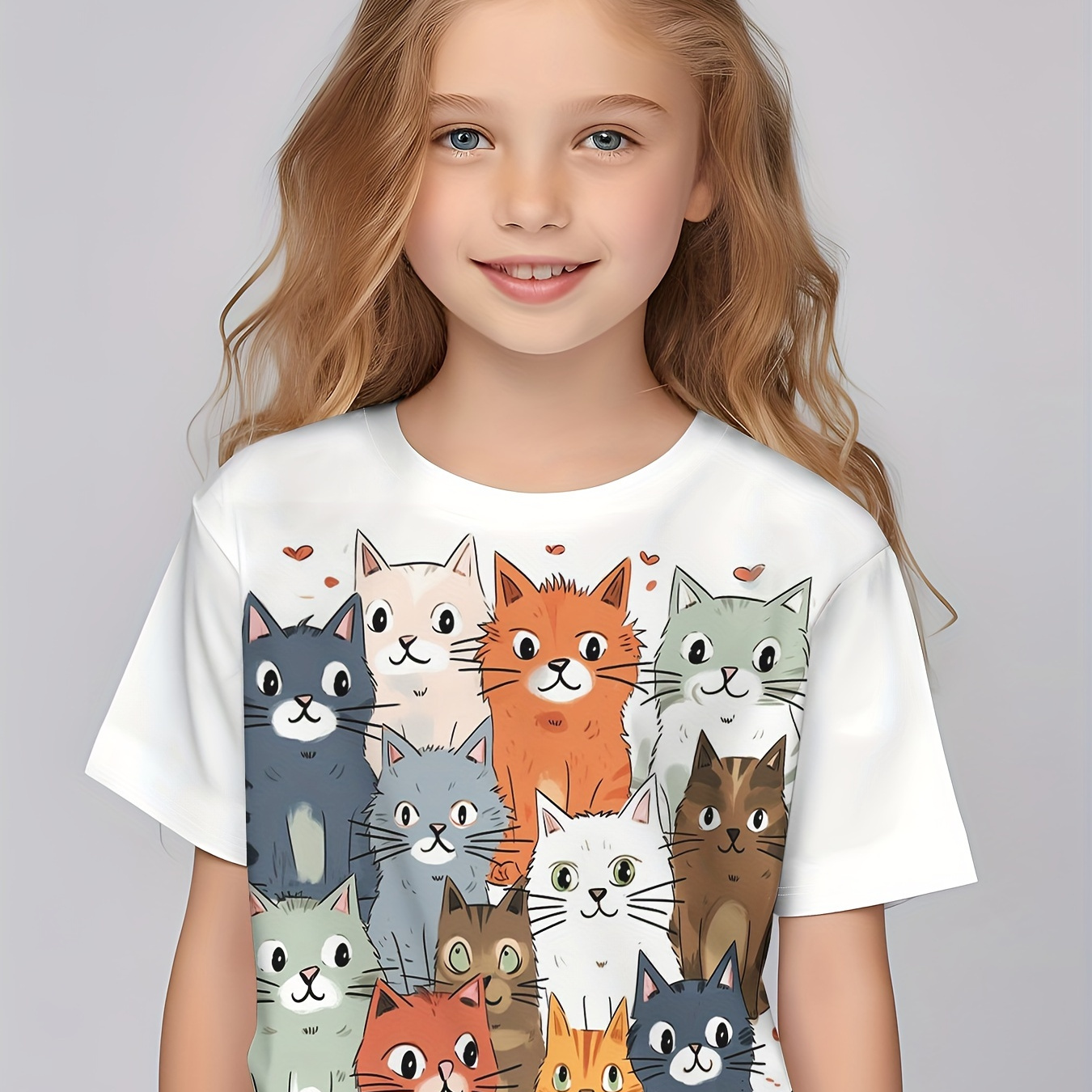 

Versatile Cartoon Cat Print T-shirt, Girls Comfy Crew Neck Short Sleeve Tees Tops Summer Clothes