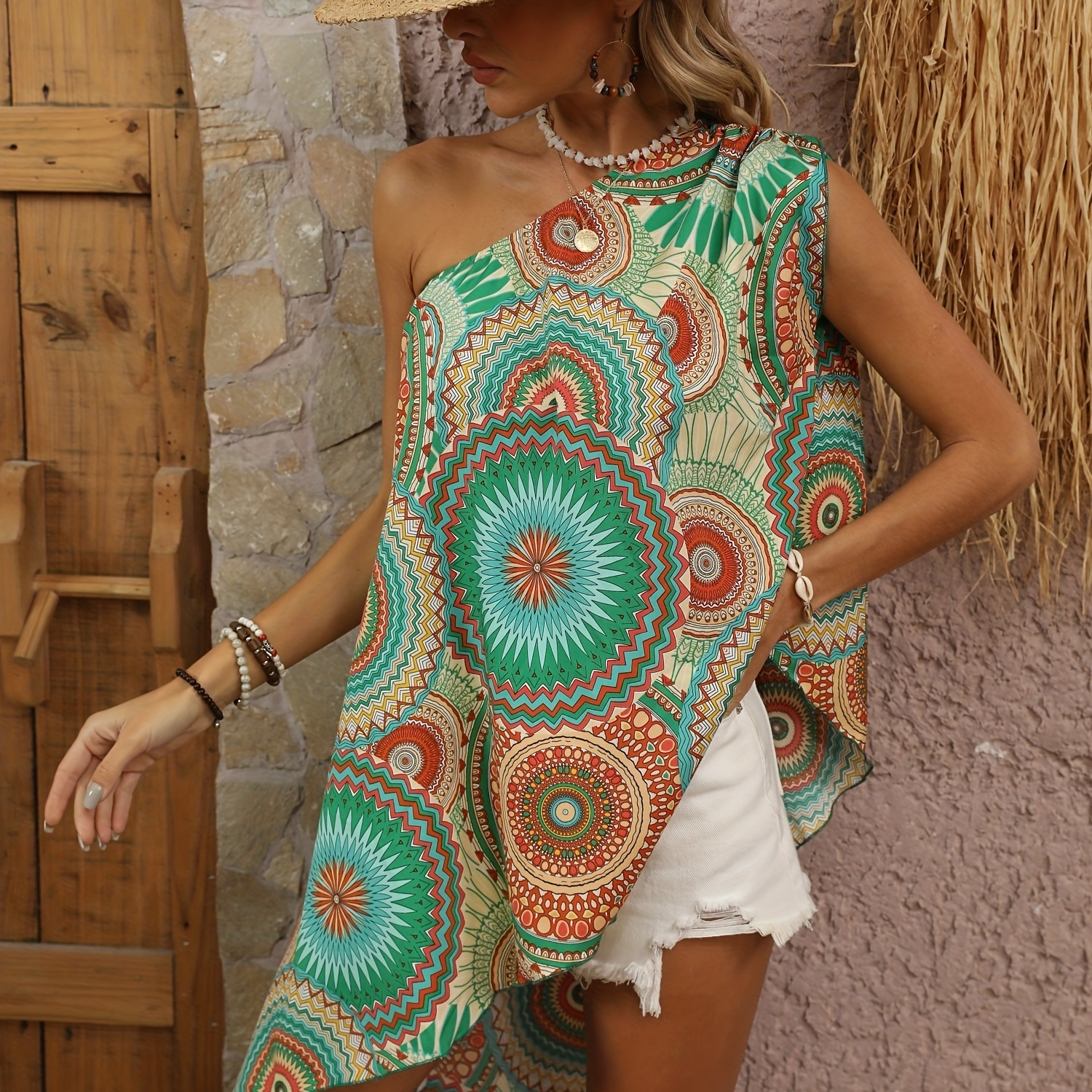 

Ethnic Floral Print 1 Shoulder Tunics, Sexy Asymmetrical Top For Spring & Summer, Women's Clothing