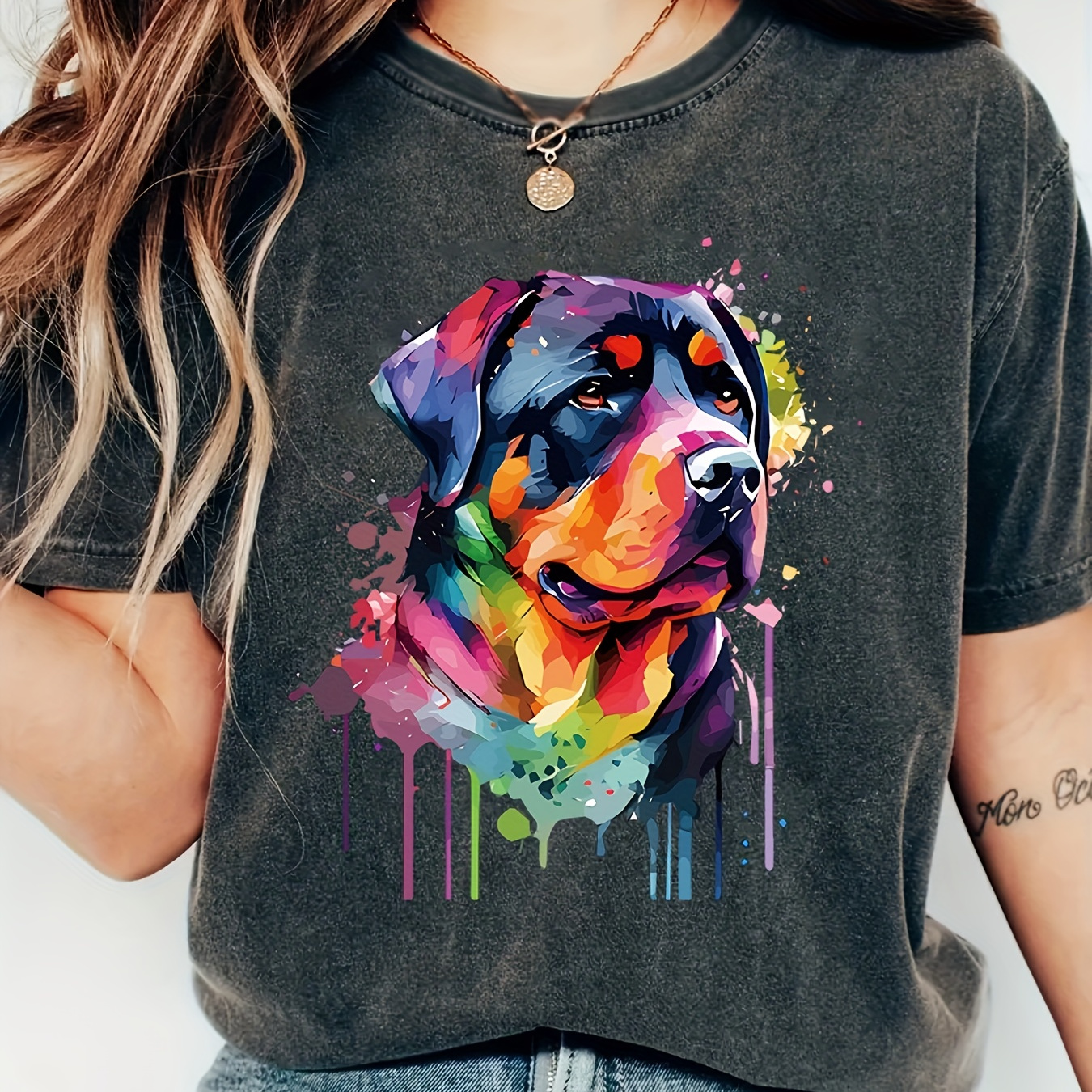 

1pc Women's Plus Size Casual T-shirt With Geometric Rottweiler Dog Print, Round Neck, Stretchy Rayon Viscose Fabric, Short Sleeve Top For All