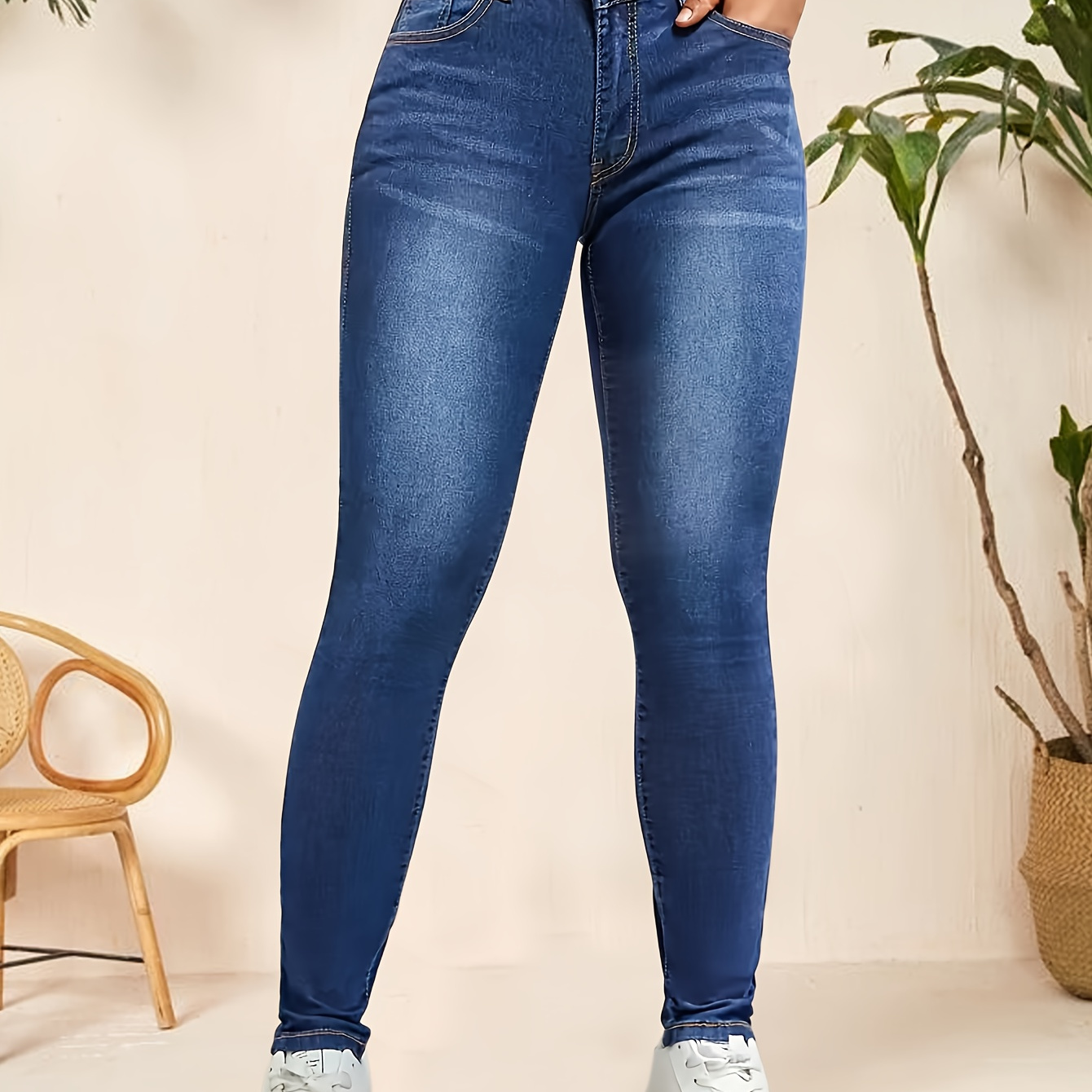 

High Rise High Waist Water Ripple Embossed Crotch High Stretchy Long Skinny Jeans, Women's Denim Jeans, Women's Clothing