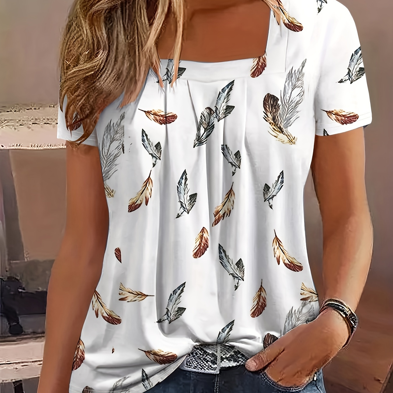 

Feather Print Square Neck T-shirt, Casual Short Sleeve Top For Spring & Summer, Women's Clothing