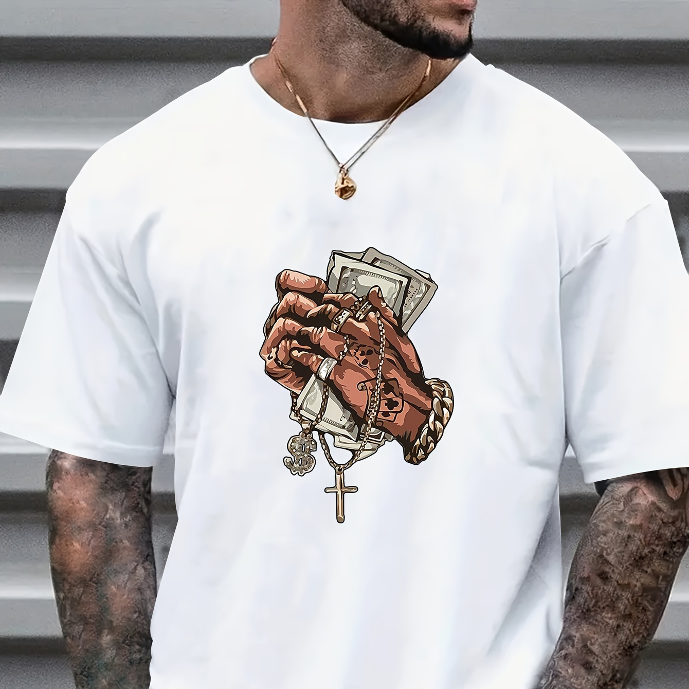 

Men's Casual Short Sleeve T-shirt With Money And Cross Print, Versatile Streetwear