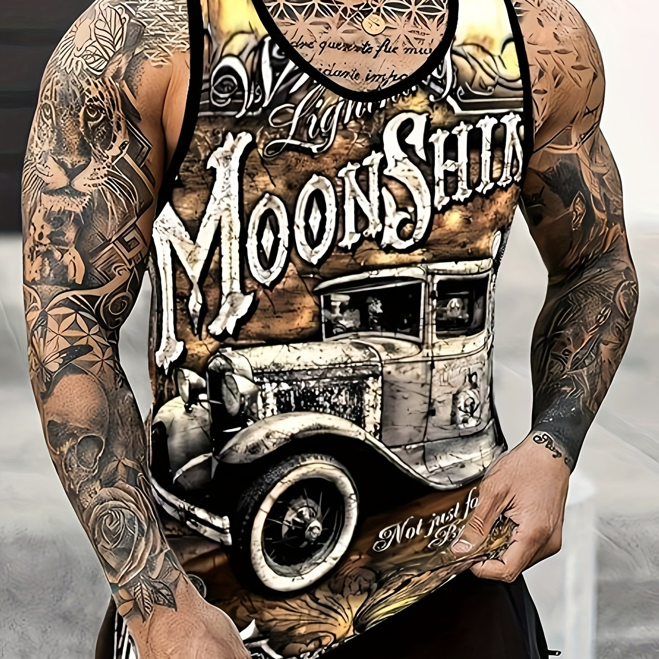 

Men's Trendy Crew Neck Graphic Tank Top With Fancy Retro Car Print, Street Style For Summer Wear