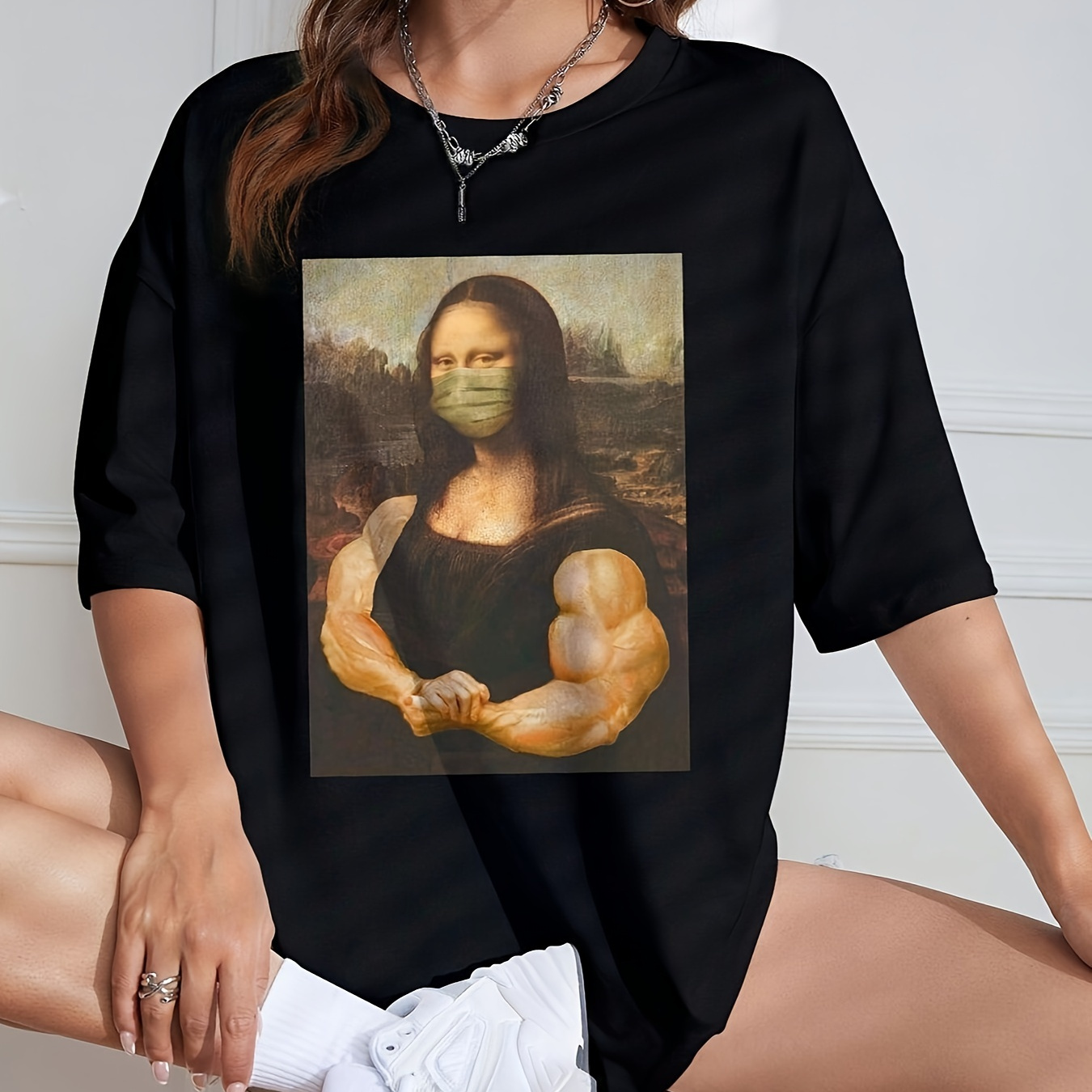 

Mona Lisa Print Drop Shoulder T-shirt, Short Sleeve Crew Neck Casual Top For Spring & Summer, Women's Clothing