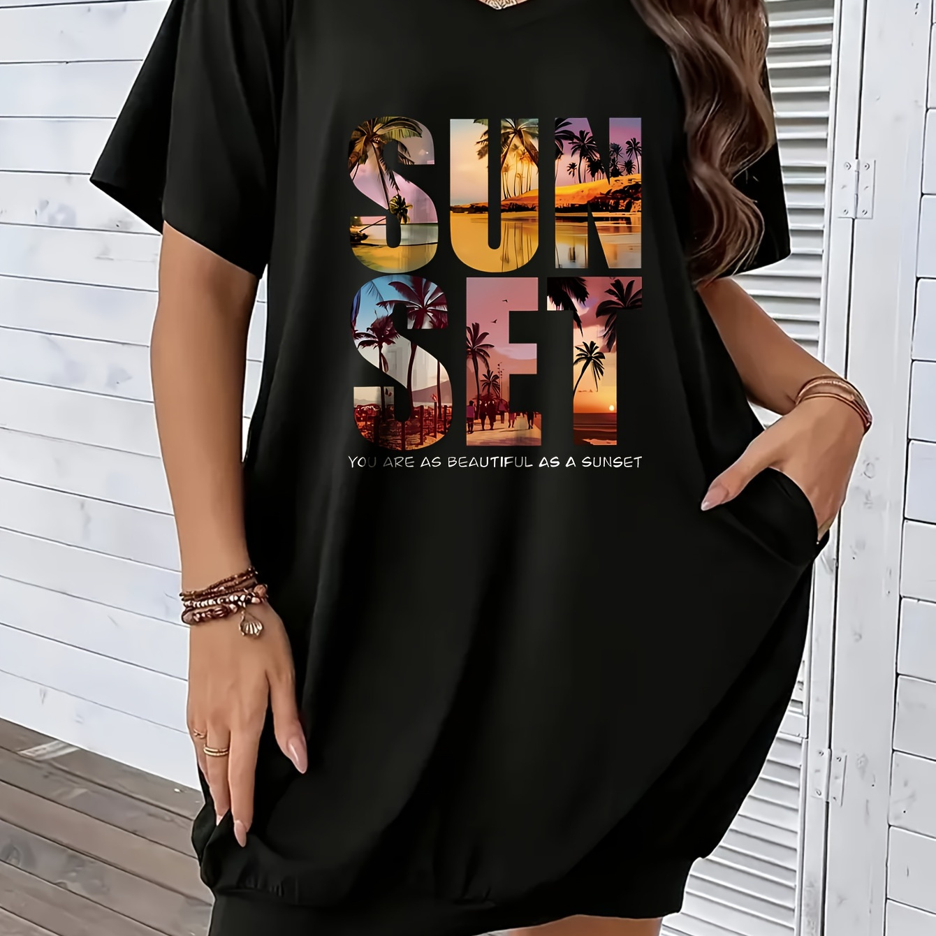 

Plus Size Sunset Print T-shirt Dress, Casual V Neck Short Sleeve Pocket Dress For , Women's Plus Size Clothing