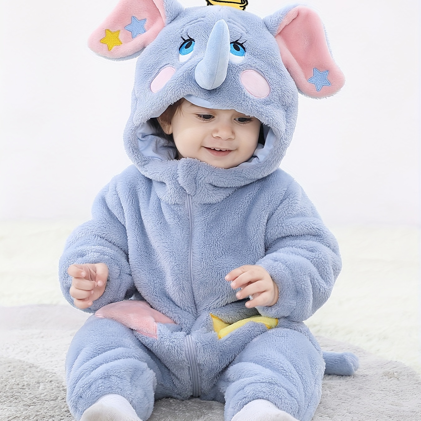 

Baby Cute Blue Elephant Hooded Single Layer One-piece Bodysuit For Spring And Autumn