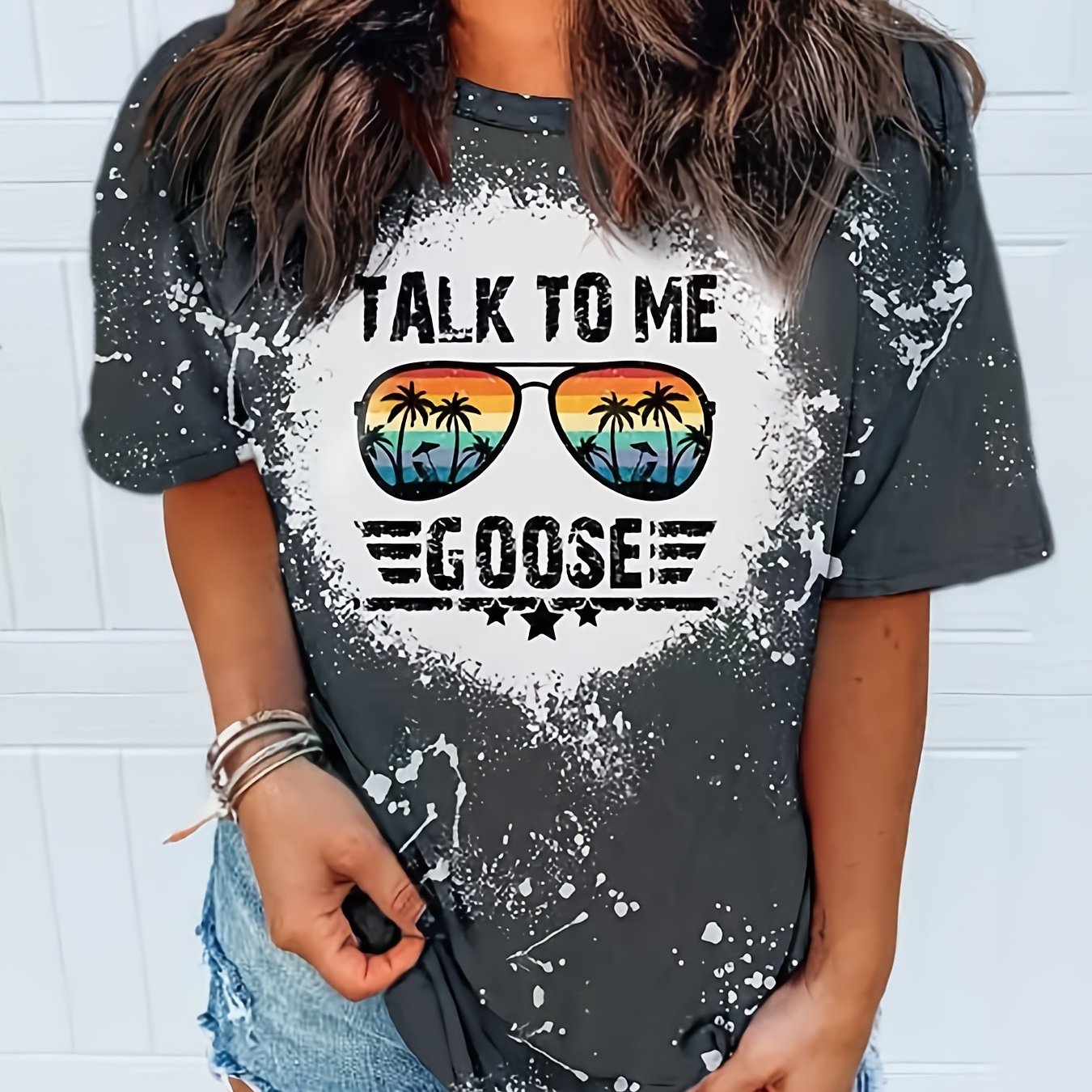 

Talk To Me Glasses Print T-shirt, Vintage Crew Neck Short Sleeve T-shirt, Women's Clothing
