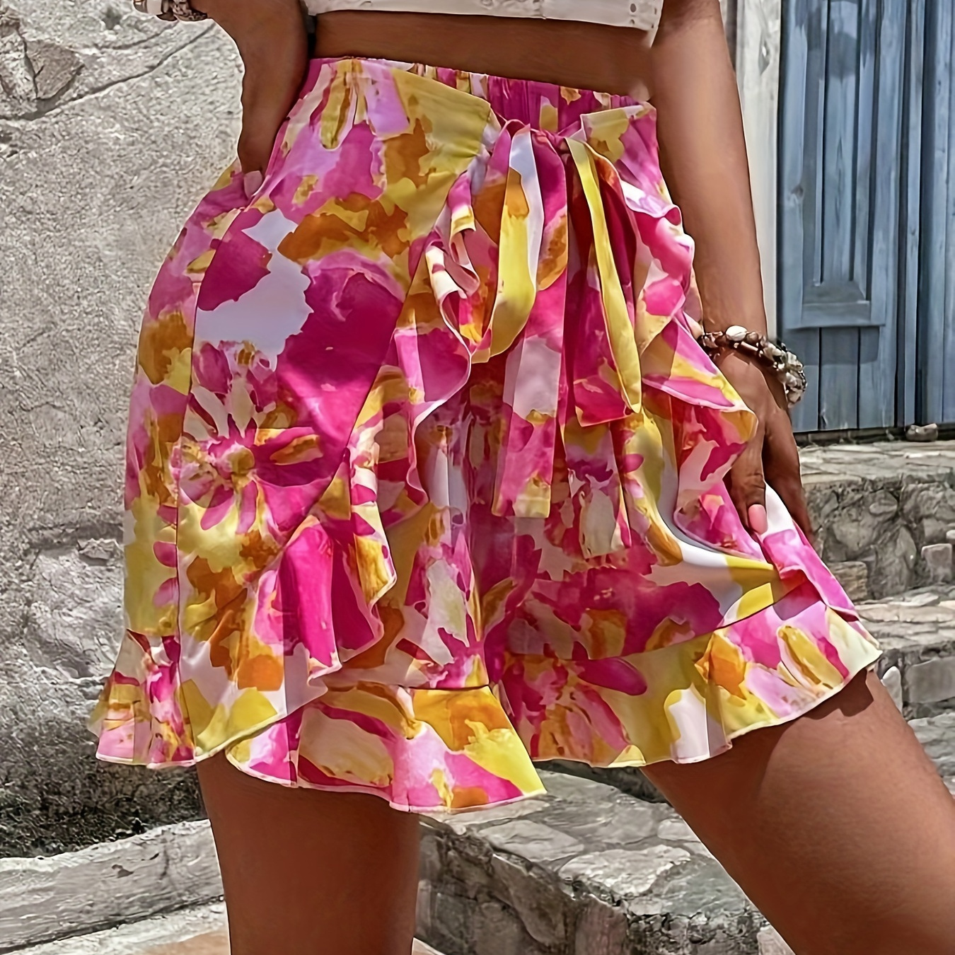 

Floral Print Knot Front Shorts, Elegant Elastic Waist Ruffle Hem Shorts For Spring & Summer, Women's Clothing