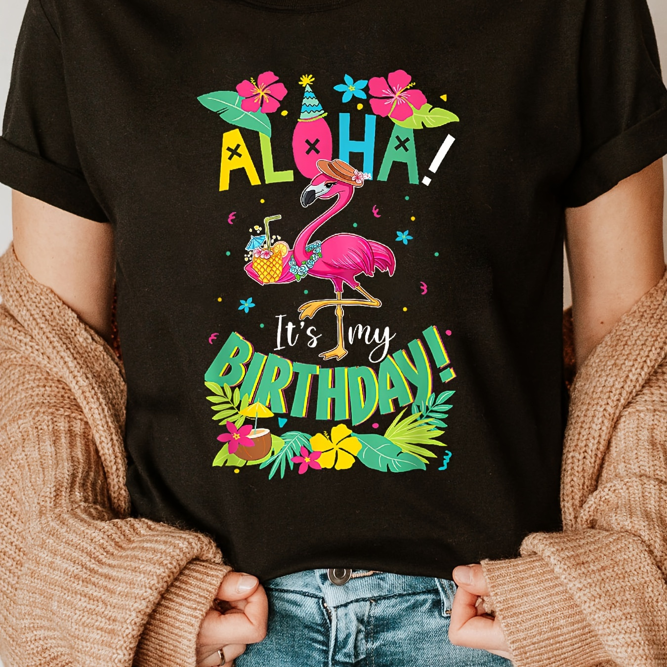 

Aloha Birthday Print Crew Neck T-shirt, Short Sleeve Casual Top For Summer & Spring, Women's Clothing