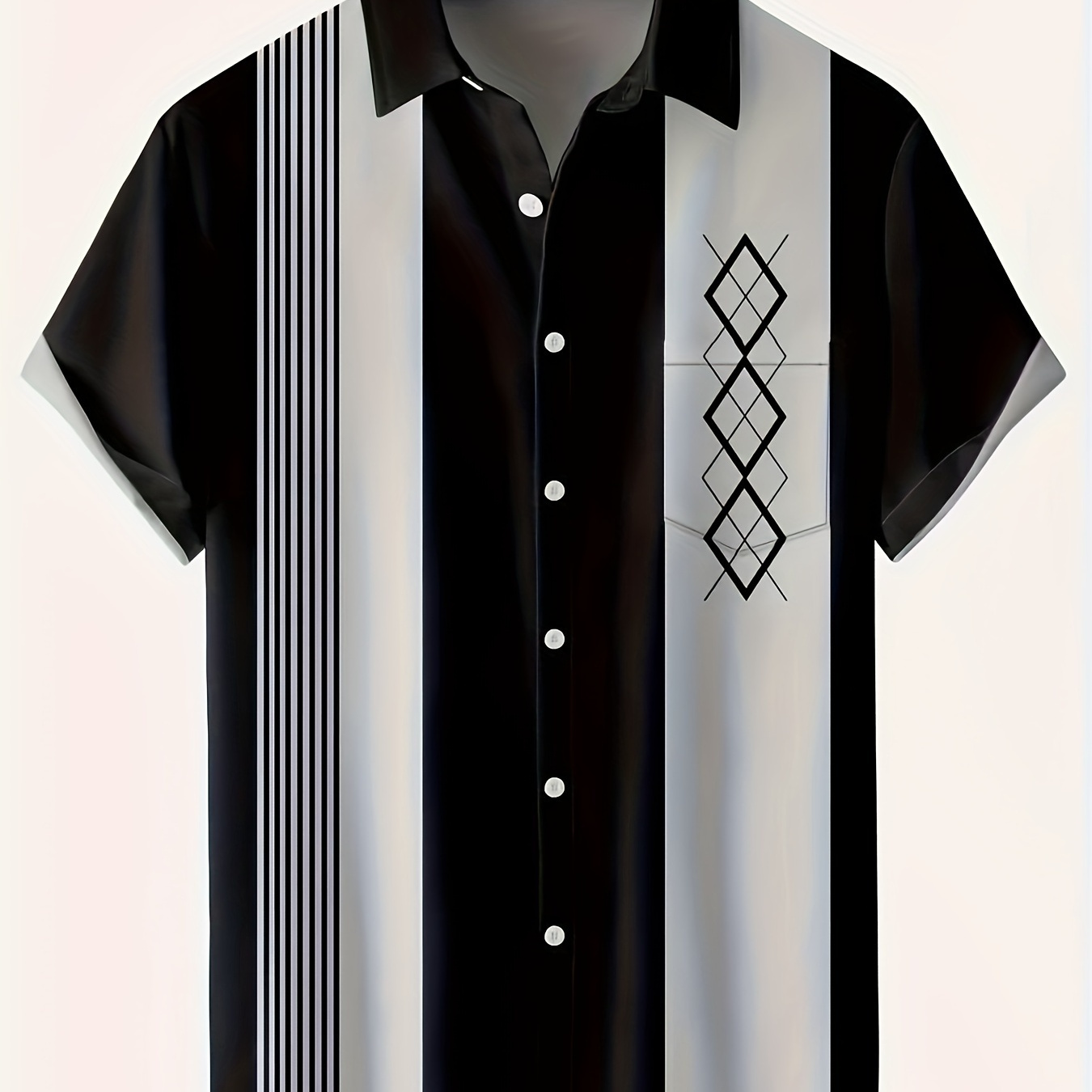 

Plus Size Men's Stripes & Argyle Graphic Print Shirt For Summer, Trendy Casual Short Sleeve Shirt, Bowling Tops