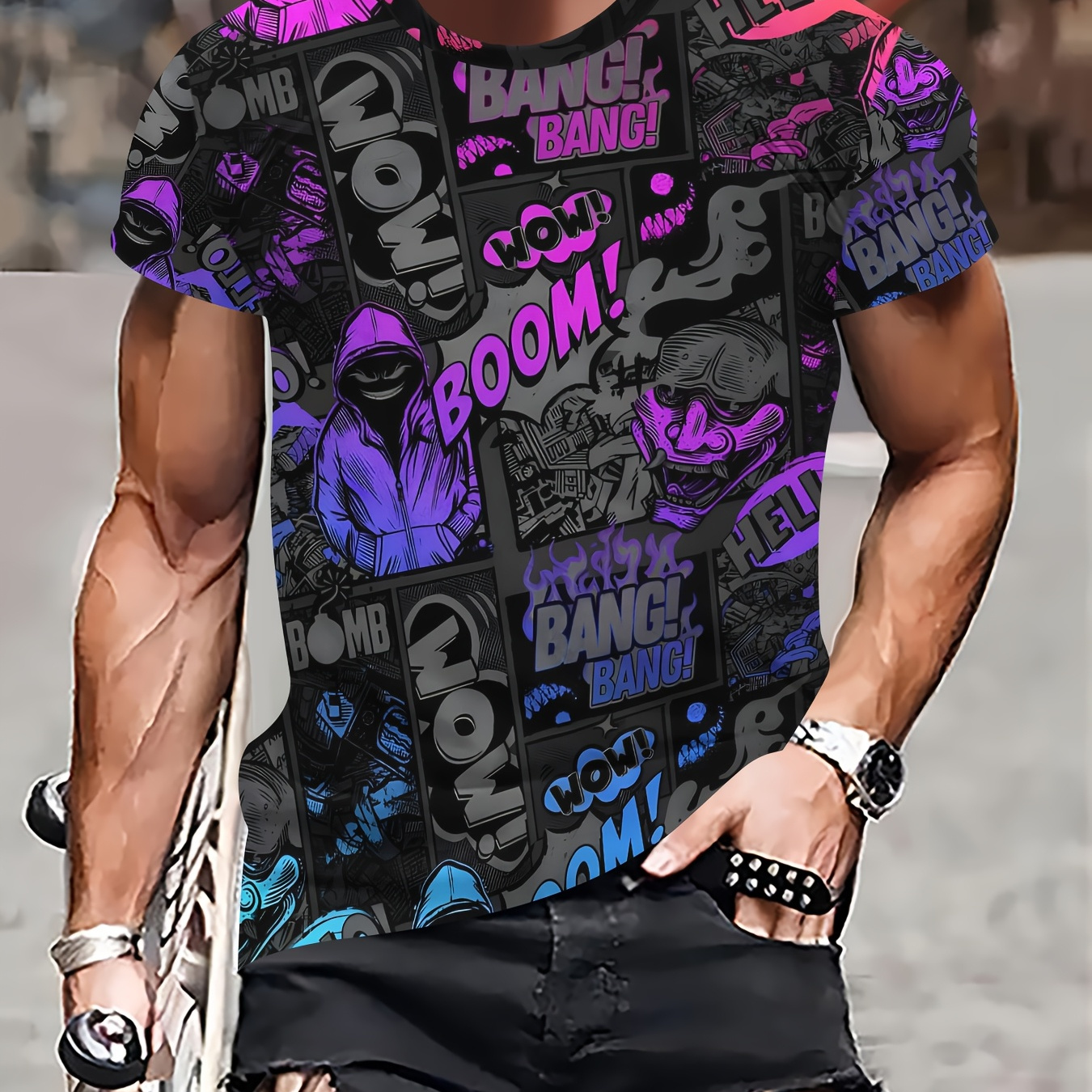 

1pc Men's Novelty T-shirt, Casual Crew Neck, Knit Polyester With Slight Stretch, Graphic , Regular Fit