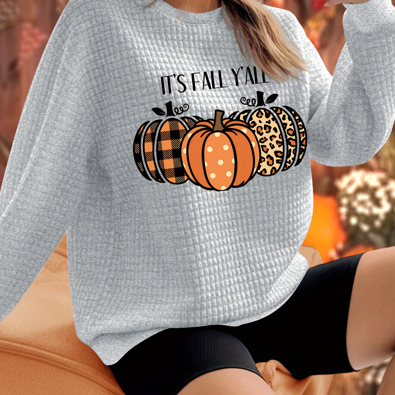 

Women's Fall Pumpkin Sweatshirt - Crew Neck Knit Pullover With Waffle Texture And Applique Detail, Polyester Spandex Blend, Regular Length For Autumn/winter