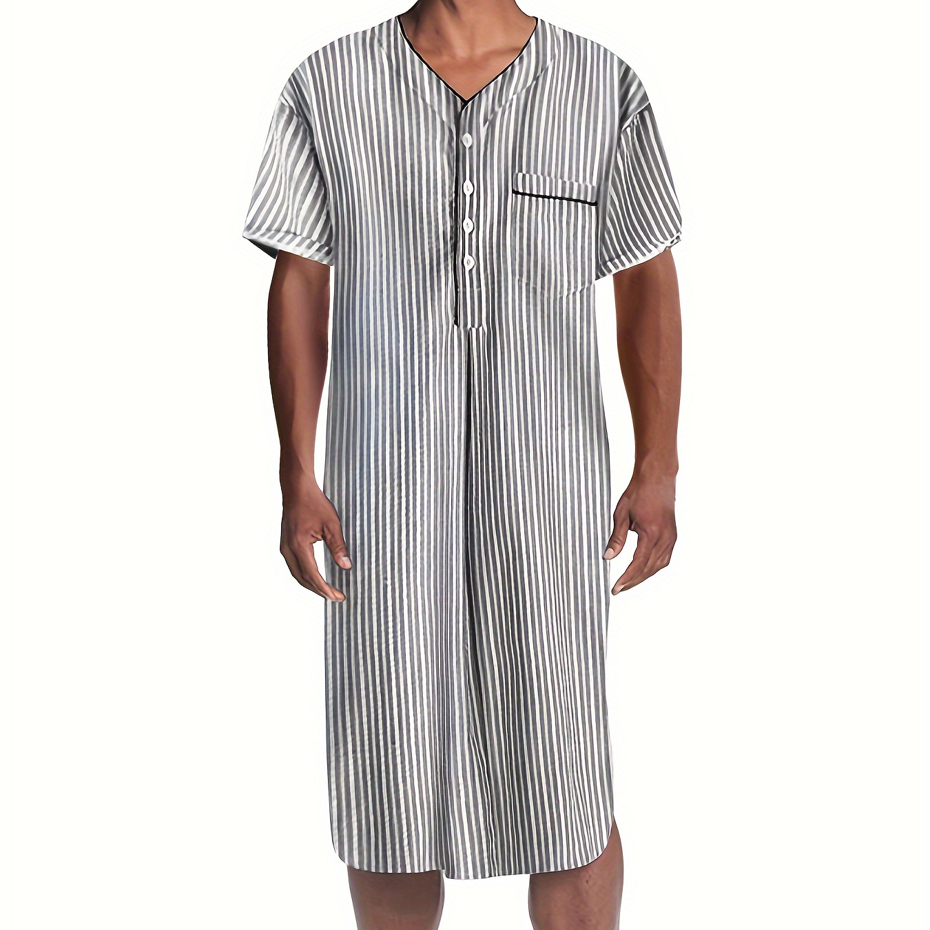 

Men's Trendy Pajamas Striped Robe, Crew Neck Short Sleeve Casual Comfy Breathable Nightgown Lounge Wear After Bath