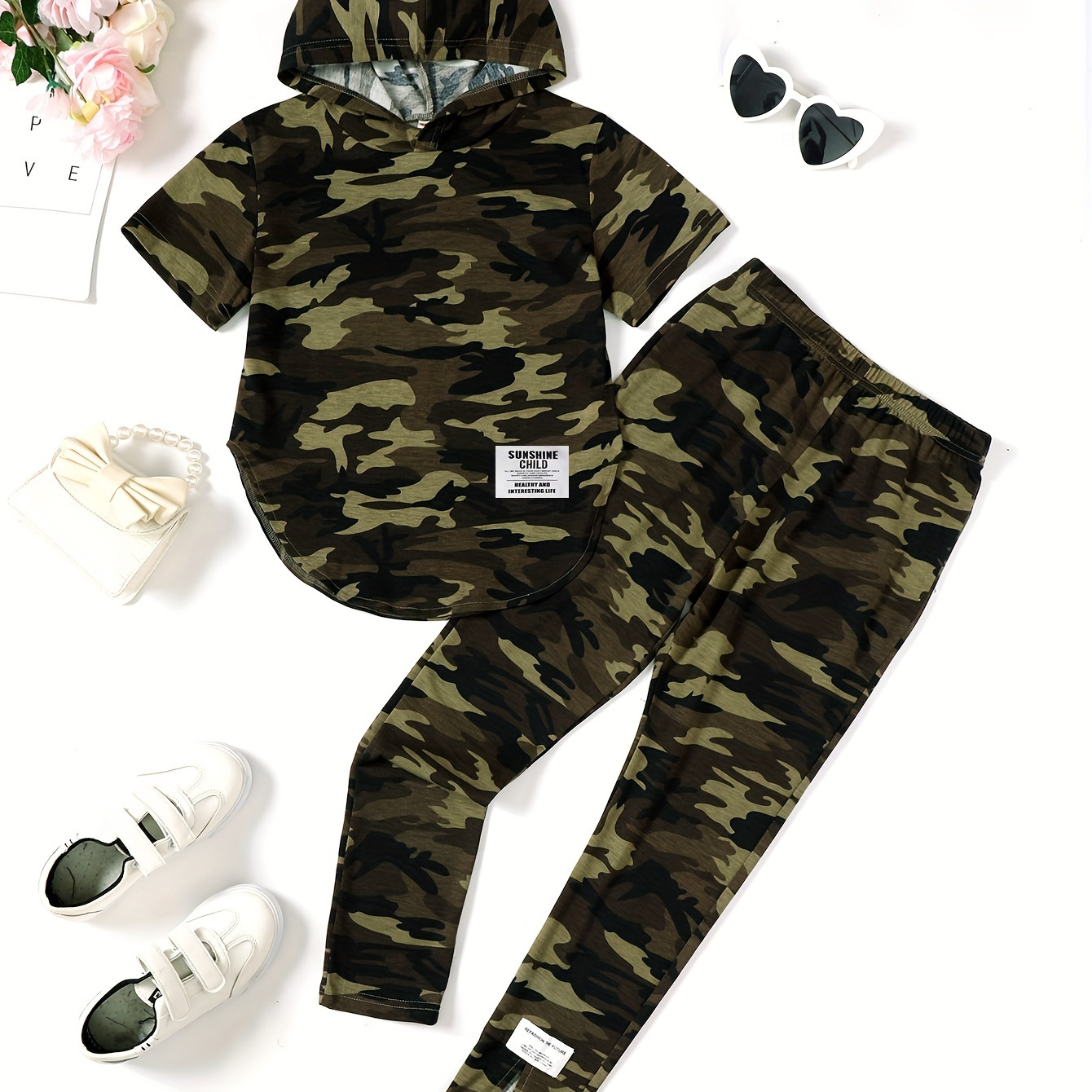 

2pcs, Camouflage Short Sleeve Curved Hem Hooded Top + Slit Pants Set For Girls, Casual Holiday Set Summer Gift, Girls' Clothing